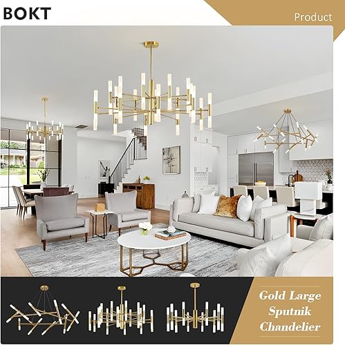 Miniatura 4 de BOKT Lámpara de araña grande moderna de oro brillante con 40 luces, lámpara colgante ajustable, lámpara LED dorada de techo, proceso de