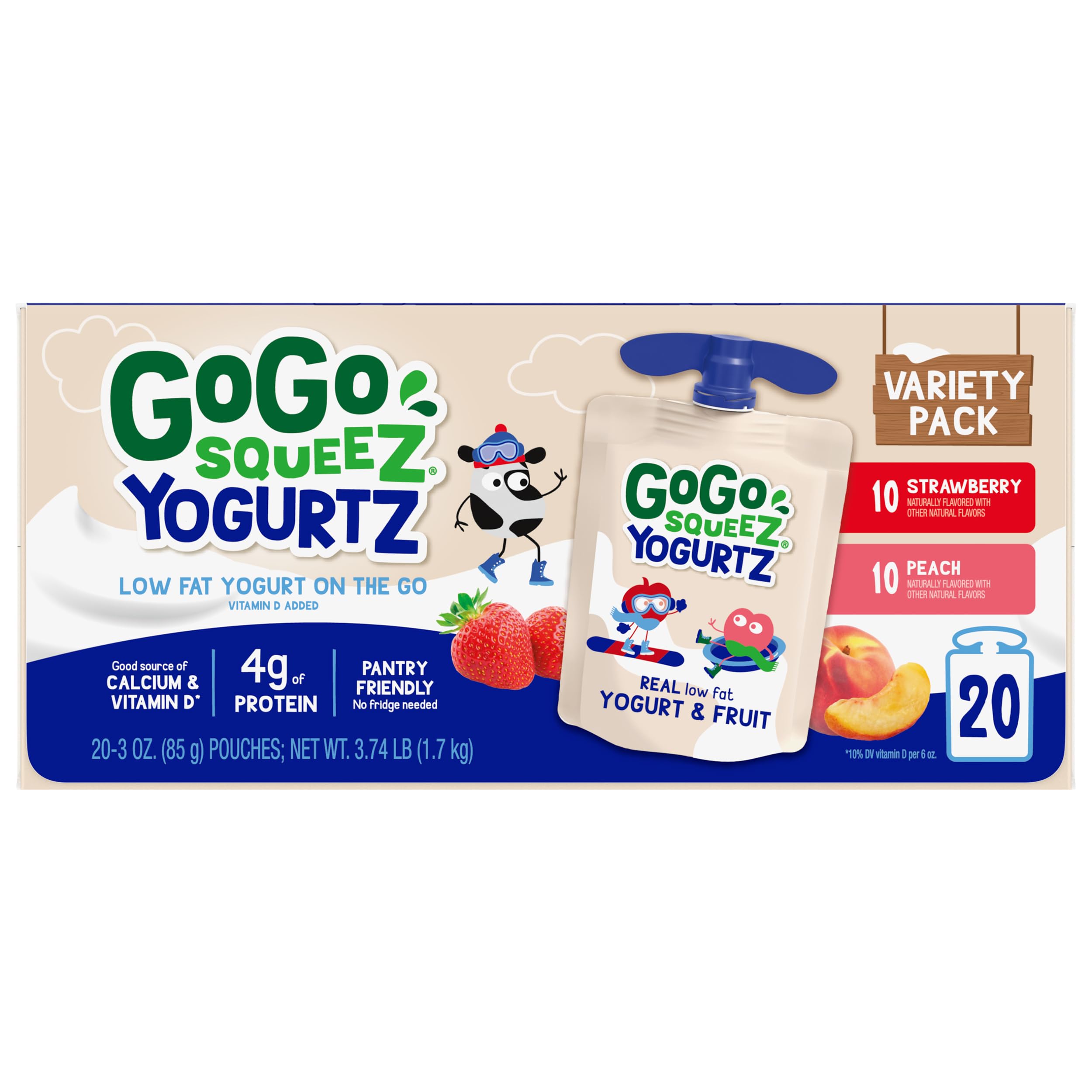 GoGo squeeZ YogurtZ Lot de 20 collations pour enfants avec de vrais yaourts et fruits, pas de réfrigérateur nécessaire, sans gluten, sans noix, bouchon refermable, pochettes sans BPA