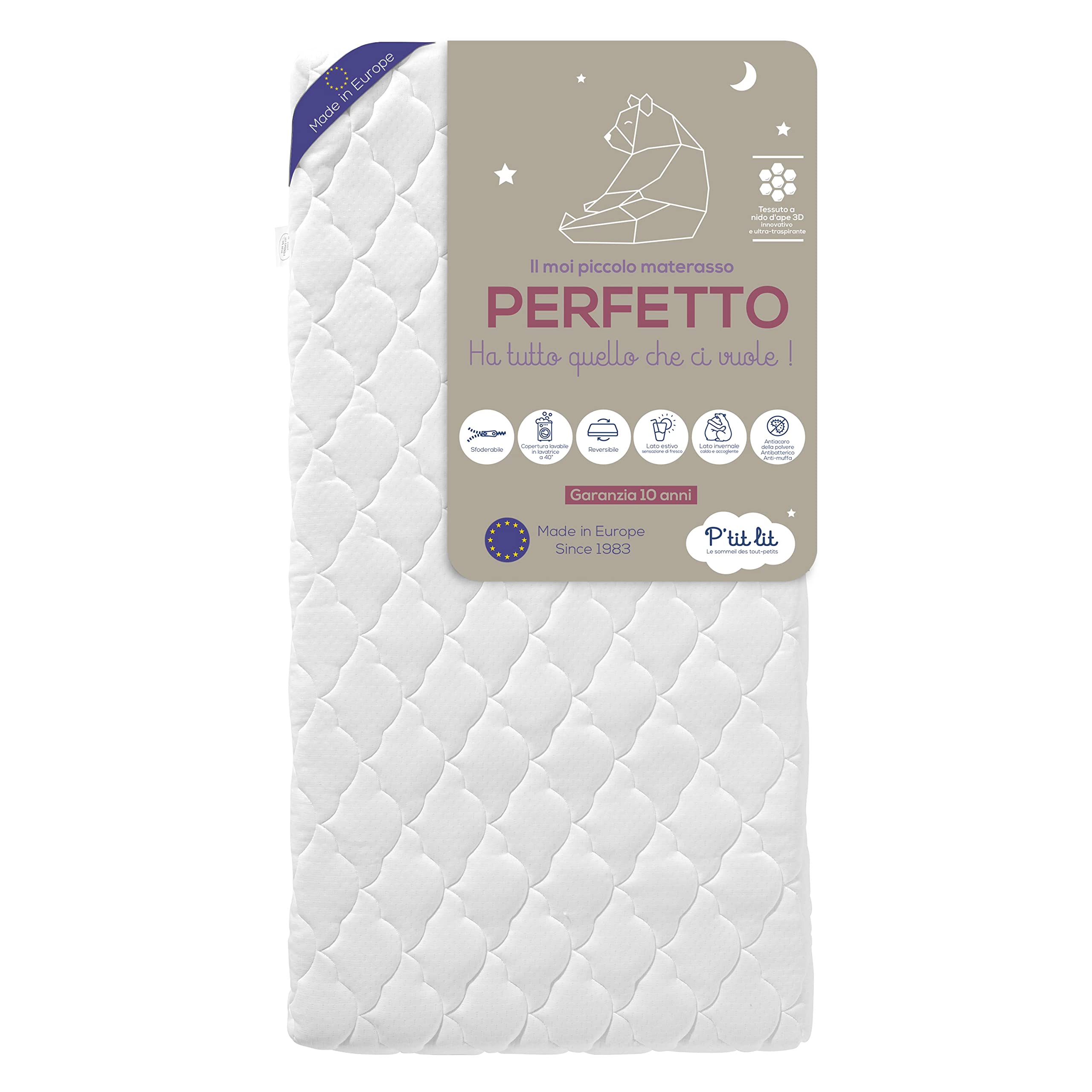 P'tit lit - Materasso Lettino Bambino Perfetto | 70x140 cm | 2 lati : Ultra traspirante l'estate/caldo e avvolgente l'inverno | Antiacaro | Sfoderabile | Spessore fino a 10 cm