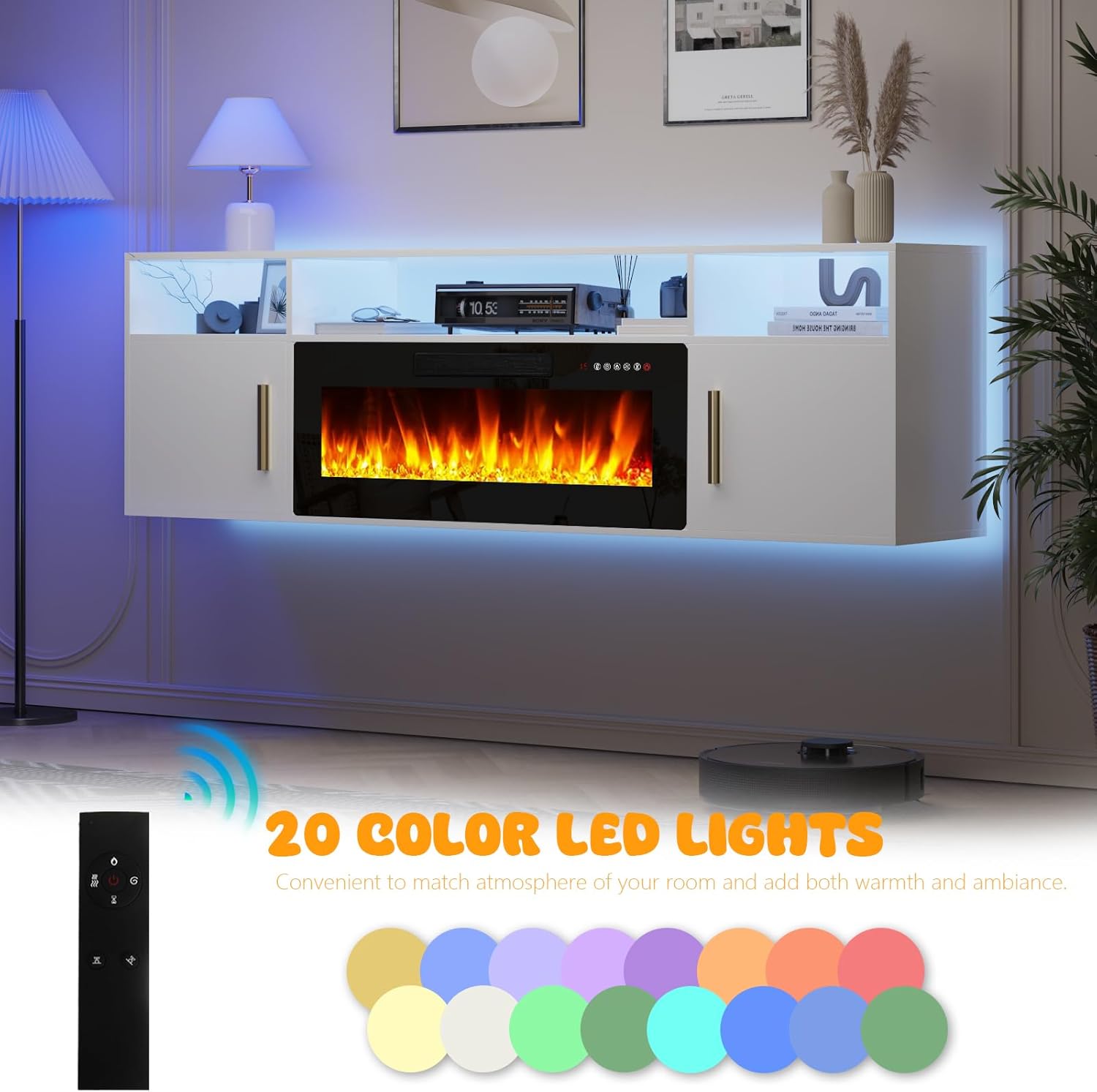 Image showing the LEMBERI DL70TV TV stand with its LED lights illuminated in blue, alongside a remote control and a palette of 20 available LED colors.