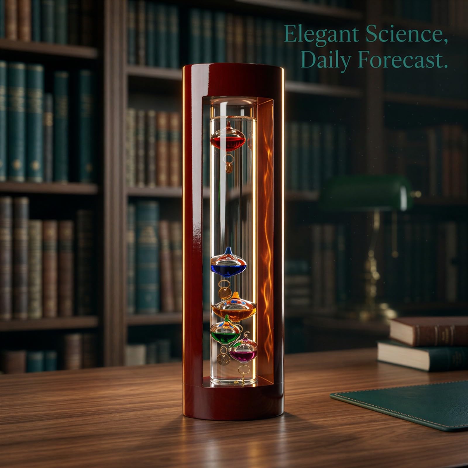 Galileo-Thermometer für den Innenbereich, 11 Zoll / 28 cm, Rahmen in Kirschholzoptik, 5 farbige Glaskugeln und Metallanhänger, Wetteranzeiger für Zuhause, Büro und Geschenkidee
