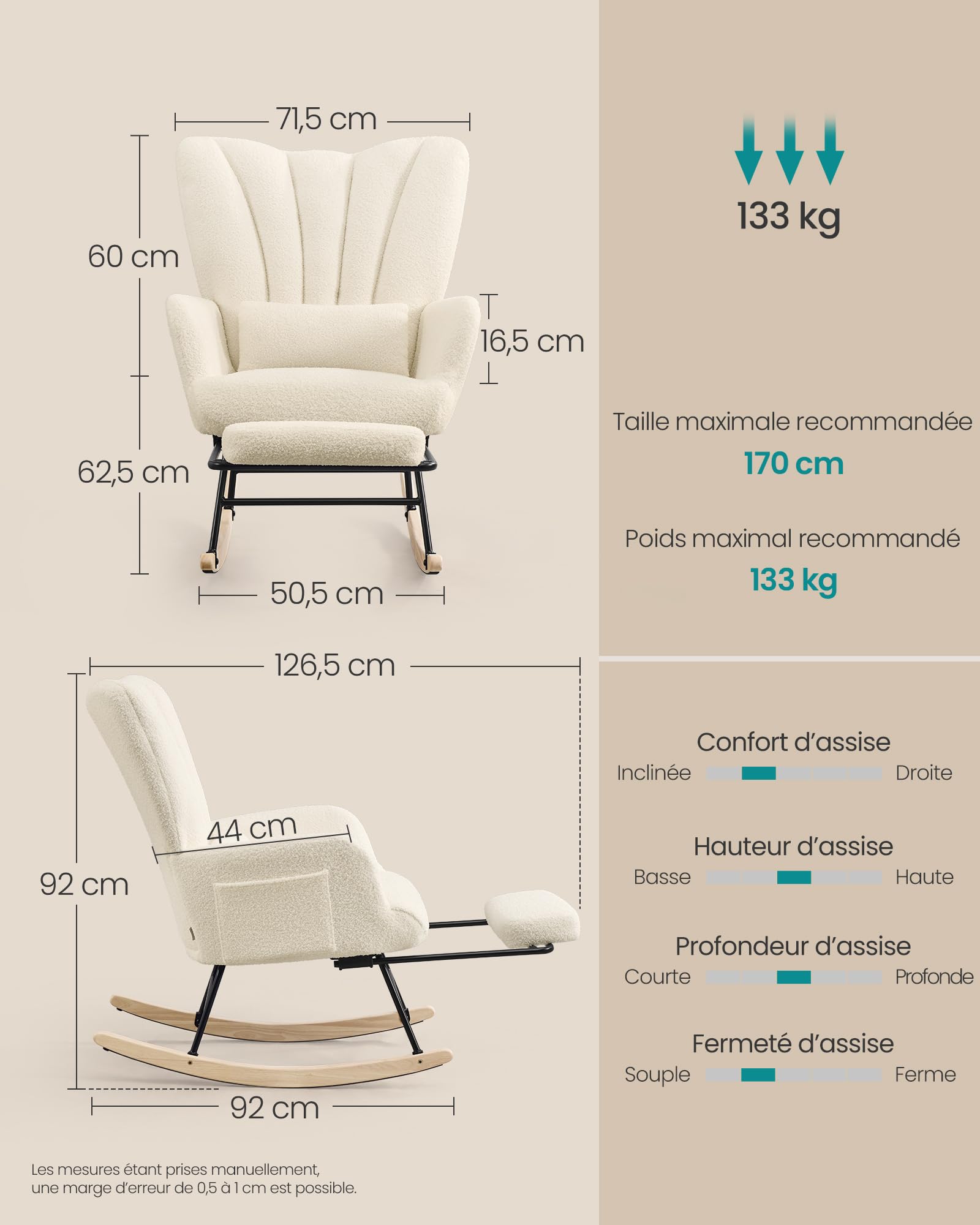 SONGMICS Fauteuil à Bascule, Chaise à Bascule avec Repose-Pieds Escamotable, Coussin Amovible, Poches Latérales, Pieds en Bois, Tissu Peluche, pour Chambre, Salon, Blanc Crème LYY018W101