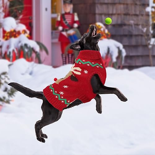 Miniatura 7 de HUMLANJ Suéter navideño de cuello alto para perro, suéter de invierno con renos y copos de nieve con agujero para la correa, suéter de punto para