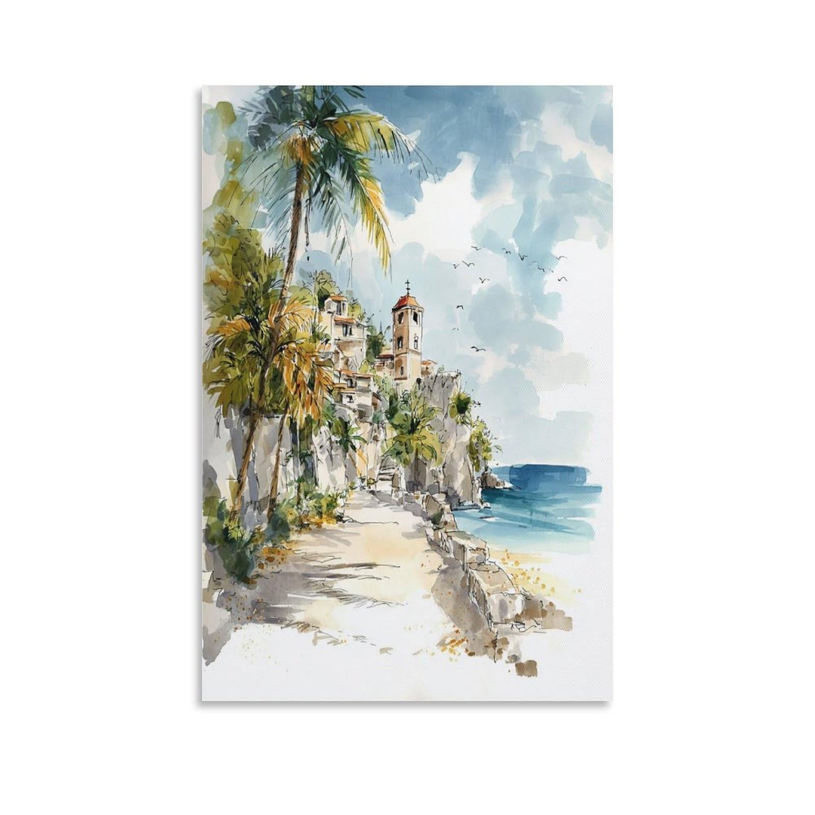 XWYMXZ Cozumel Watercolor Painting_ Coastal Wall Art Print_4 (2) 24x36inch(60x90cm) Vintage Watercolor Canvas Art