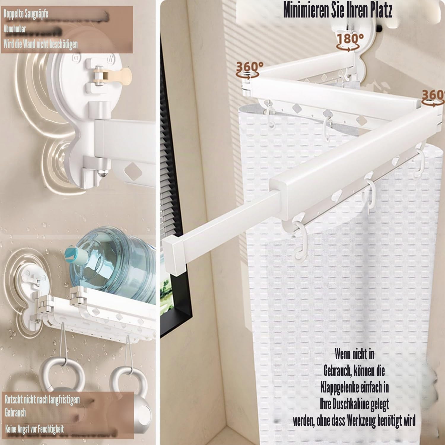 Faltbarer Duschvorhangstange mit Saugnapf, Ohne Bohren L/U Form Eckvorhangstangen Zur, Wasserdicht Schimmelresistent Duschvorhang für Badewanne(172+25cm)