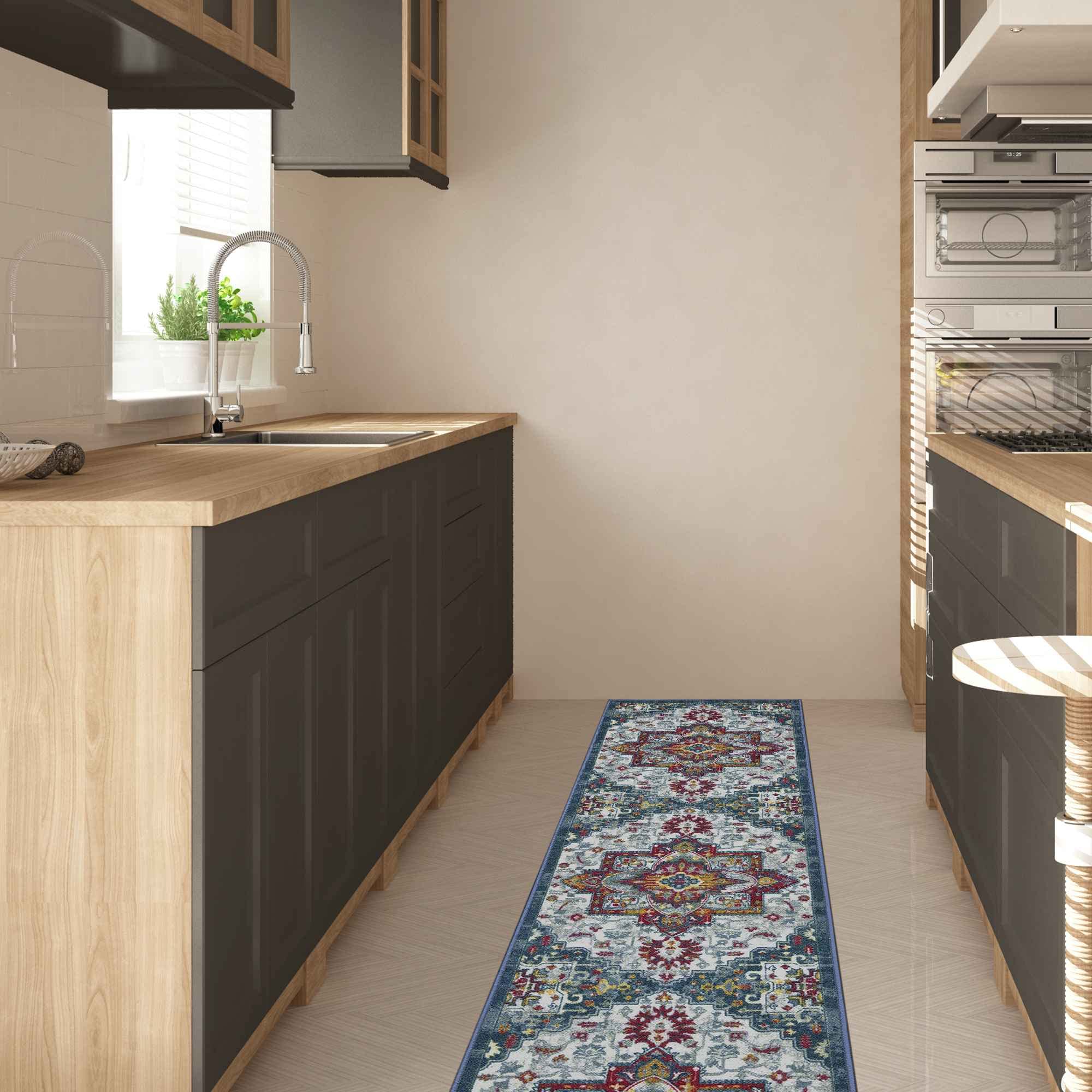 Ottomanson Ottohome Collection Modern Medallion Design Runner Rug, 1'10" X 7'0", Navy/Gray