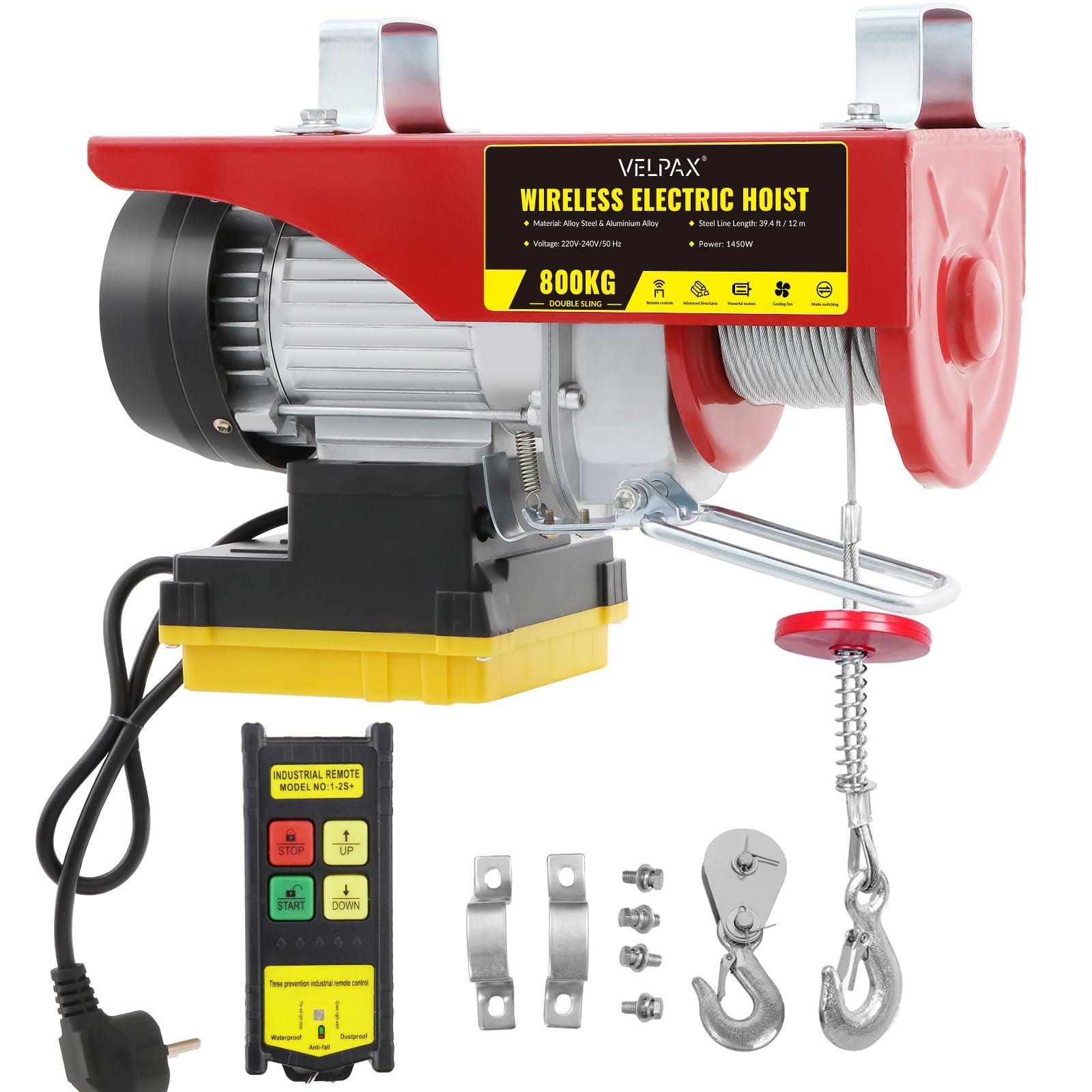 Elektrische Seilwinde 800kg 12m 1450W 10m/min Hebezug mit kabelloser Fernbedienung