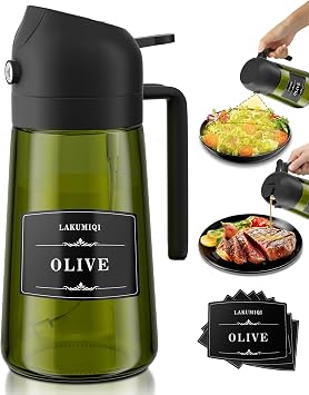 LAKUMIQI 2-in-1 Oil Sprayer & Dispenser 16oz for Kitchen, Glass Olive Oil Bottle with Spray-or-Pour, UV-Blocking,Leakproof for Salad Air Fryer BBQ