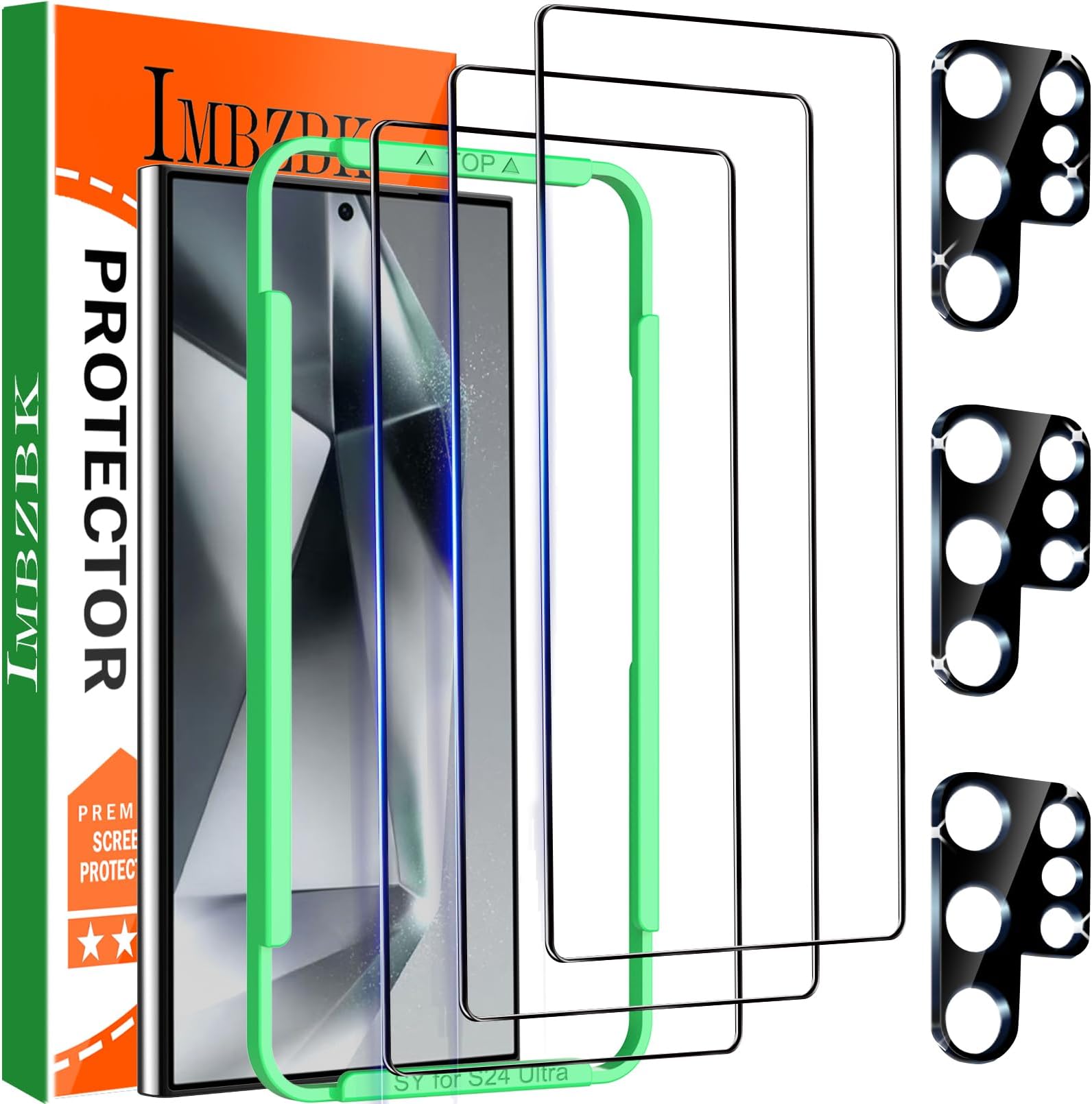 IMBZBK 3 Pack Screen Protector for Samsung Galaxy S24 Ultra Tempered Glass 3 Camera Lens Protector Accessories Case Friendly, Support Fingerprint Reader, Full Coverage