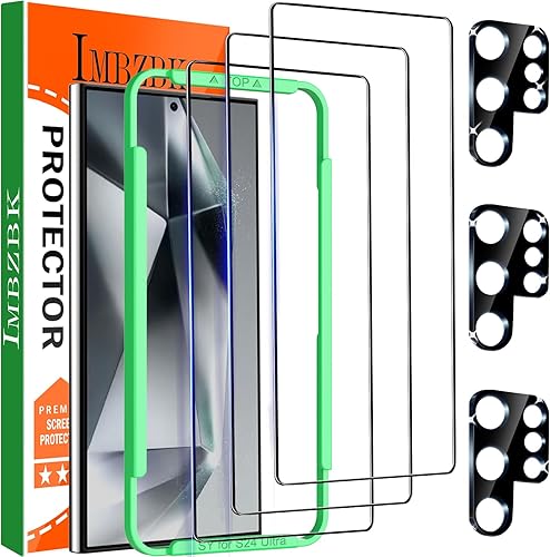 IMBZBK Paquete de 3 protectores de pantalla para Samsung Galaxy S24 Ultra de vidrio templado, paquete de 3 protectores de lente de cámara,