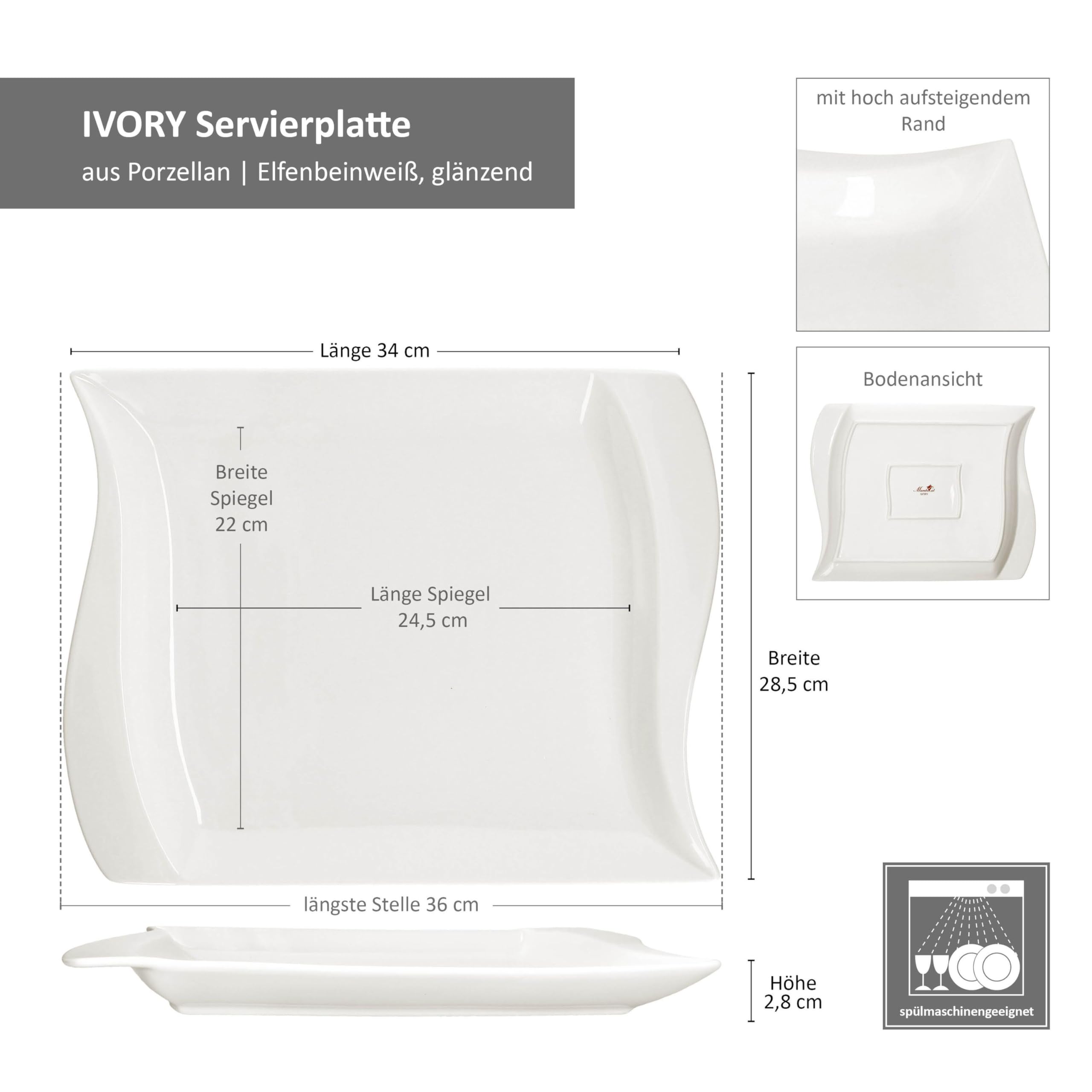 MamboCat Ivory - Set di 2 piatti da portata (lunghezza x larghezza), 36 x 28,5 cm, bianco avorio, piatti rettangolari in porcellana per antipasti, per preparazioni, tartine & Co I con bordo curvo