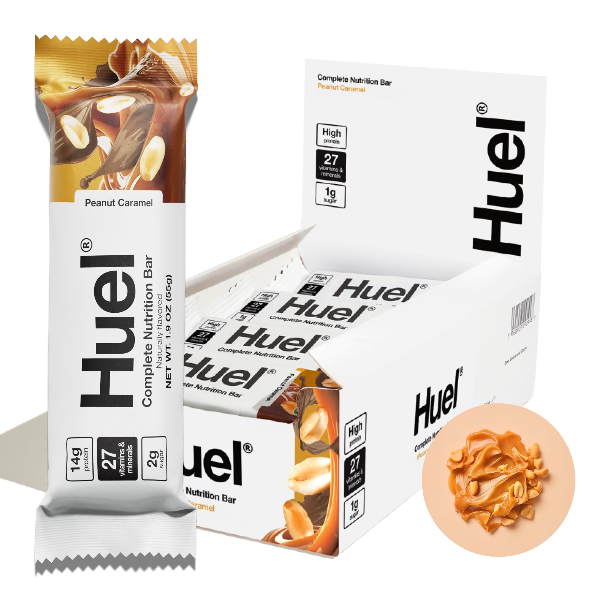 Huel Complete Nutrition Vegan Protein Bars | Peanut Caramel | 13g Protein | 27 Vitamins & Minerals, 2g Sugar, Non-GMO, 100% Plant Based Snack | 12