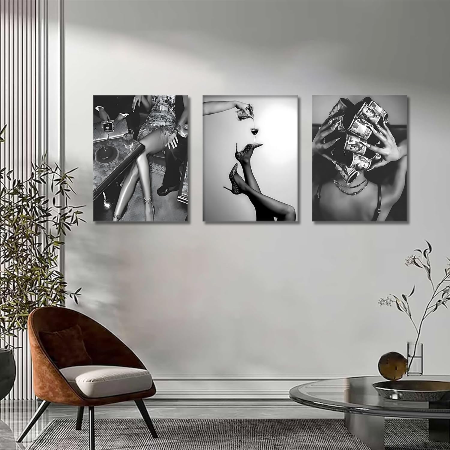 Trendy Black and White Wall Art Luxury Money Hair Rollers Girl Posters Prints High Heels Woman on Disco Drinking cocktails Retro Bold Feminine Fashion Artwork for Bedroom Living Room Dorm Decor