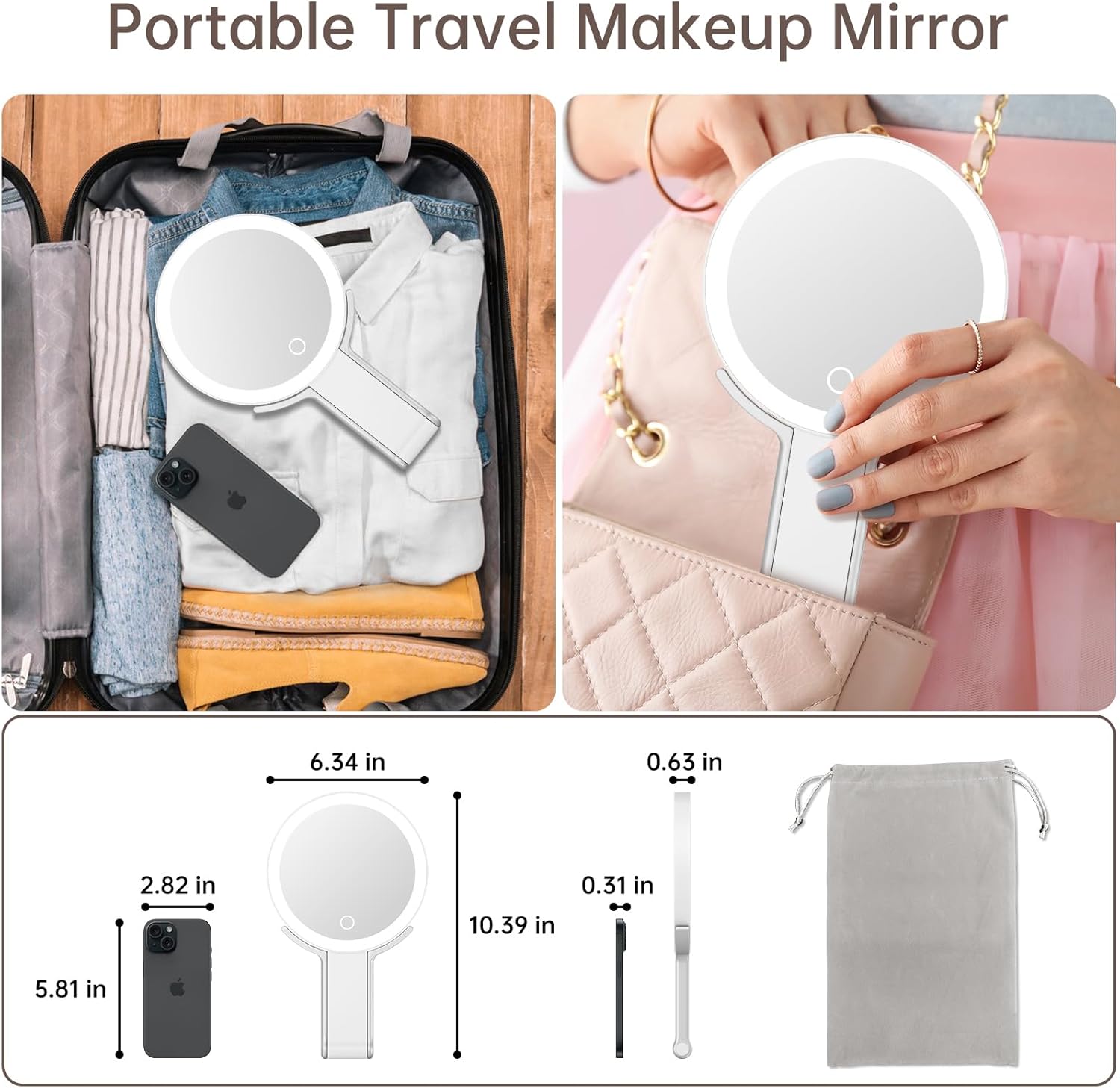 Magnifying Mirror with Light 1X/10X, Travel Lighted Makeup Mirror with Magnification, Make Up Mirror Stand Up Double Sided, Magnified Travel Mirror with Lights, 3 Light Colors & Dimming (White)