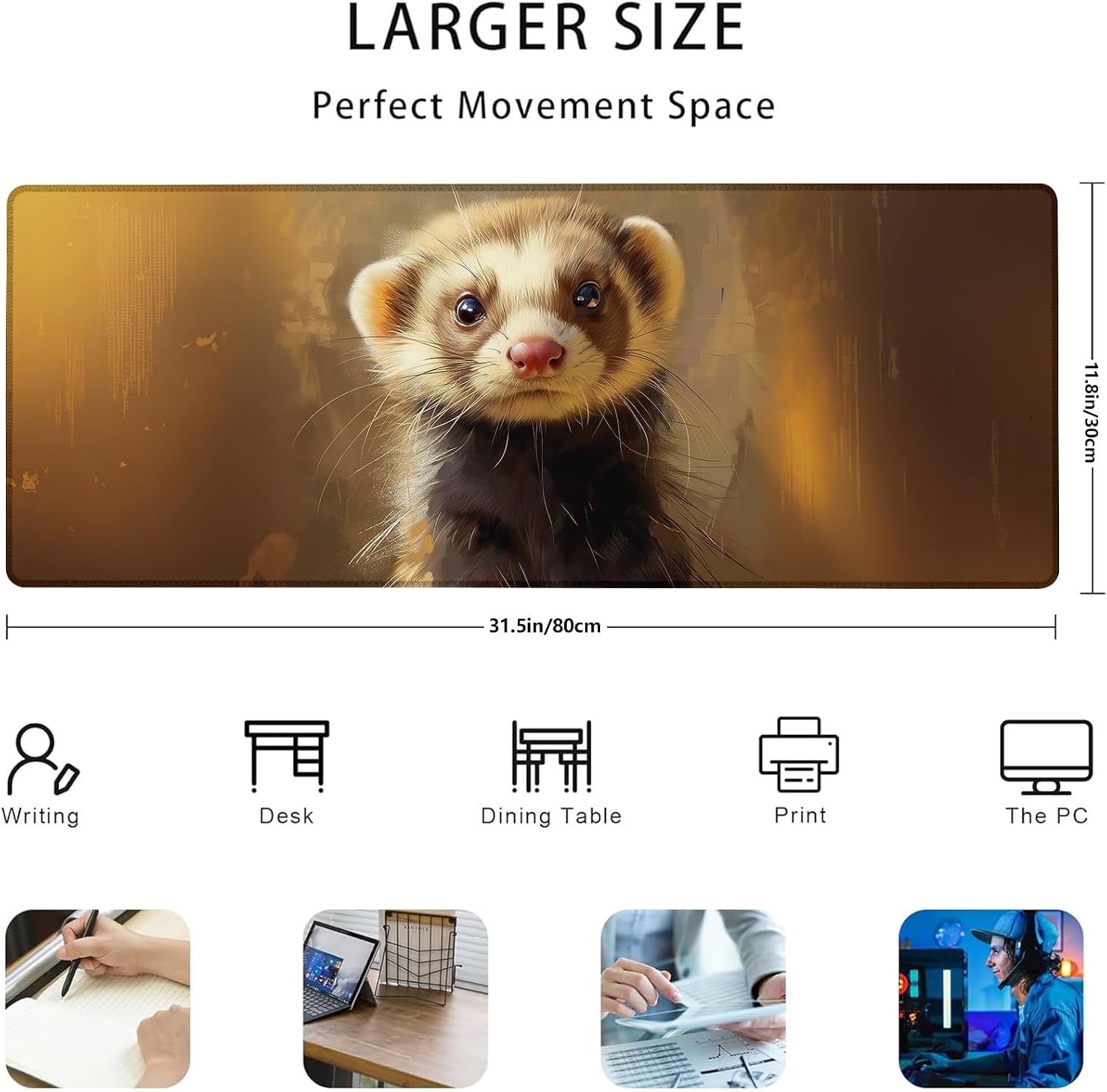 Ferret Gaming Mouse Pad Gifts 31.5" x 11.8", Non-Slip Rubber Base MousePads for Computers Laptop School Office Home Accessories Decor, Mouse Pad, Keyboard Desk Mat image 3