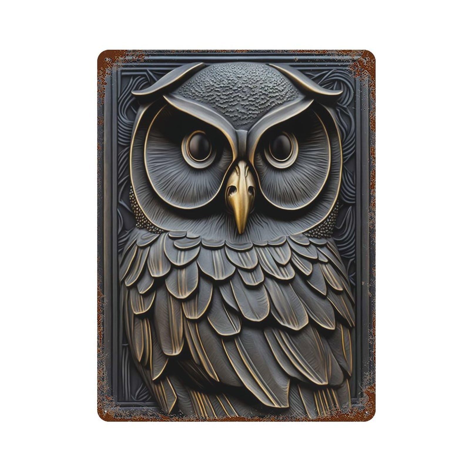 Owl Bird Gold Decor Rust Effect Tin Sign 15.7"x11.8", Vintage Wall Decor for Garage, Pub Or Kitchen
