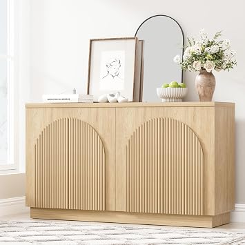 55" Fluted Sideboard Buffet Cabinet with Storage, Wood Mid Century Modern Credenza Cabinet w/Arched Reeded Doors & Adjustable Shelves for Kitchen, Living Room, Entryway, Natural