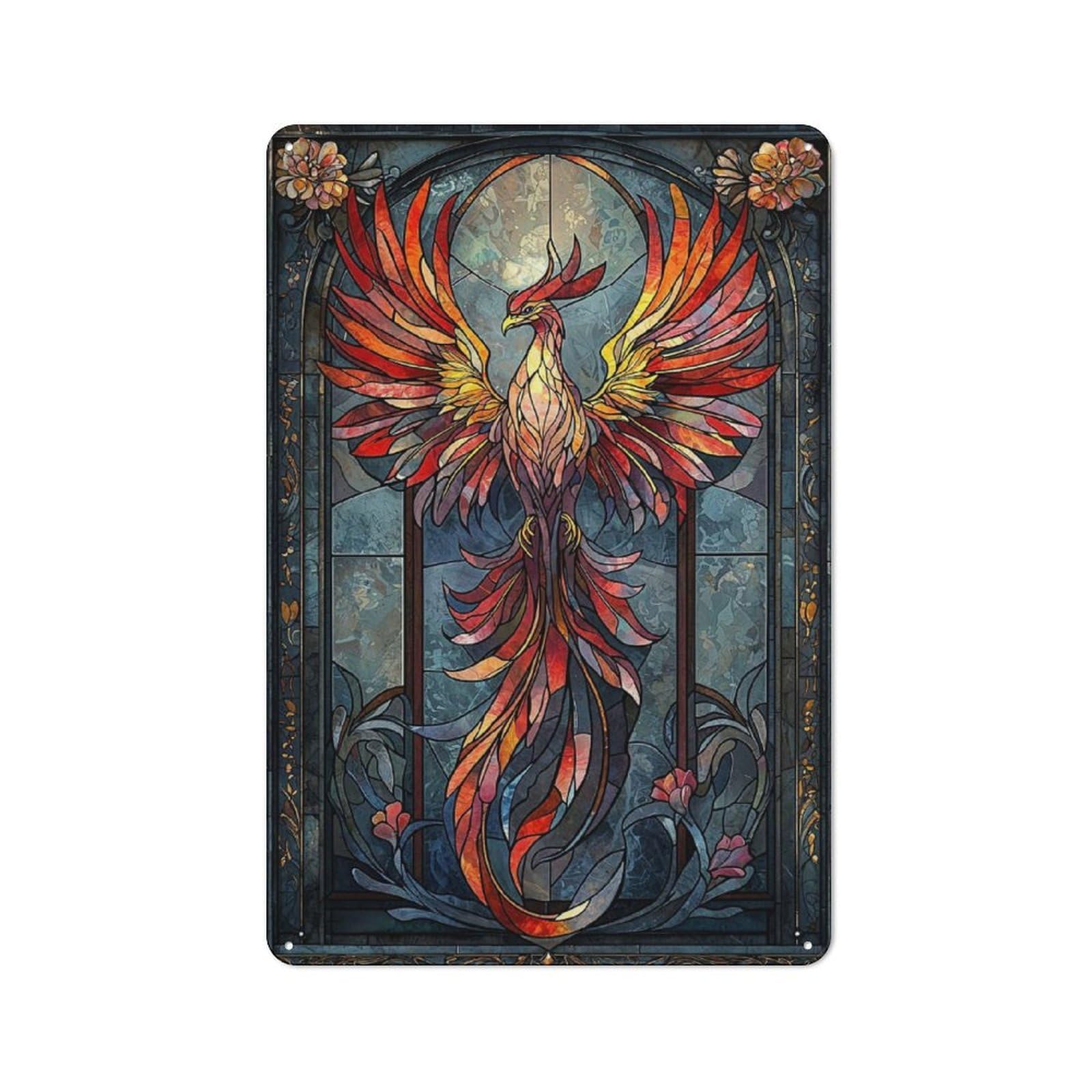 Junmoney Stained Glass Phoenix Rustic Metal Sign 30X20cm For Living Room Wall, With Clear Rustic Wall Decor Character