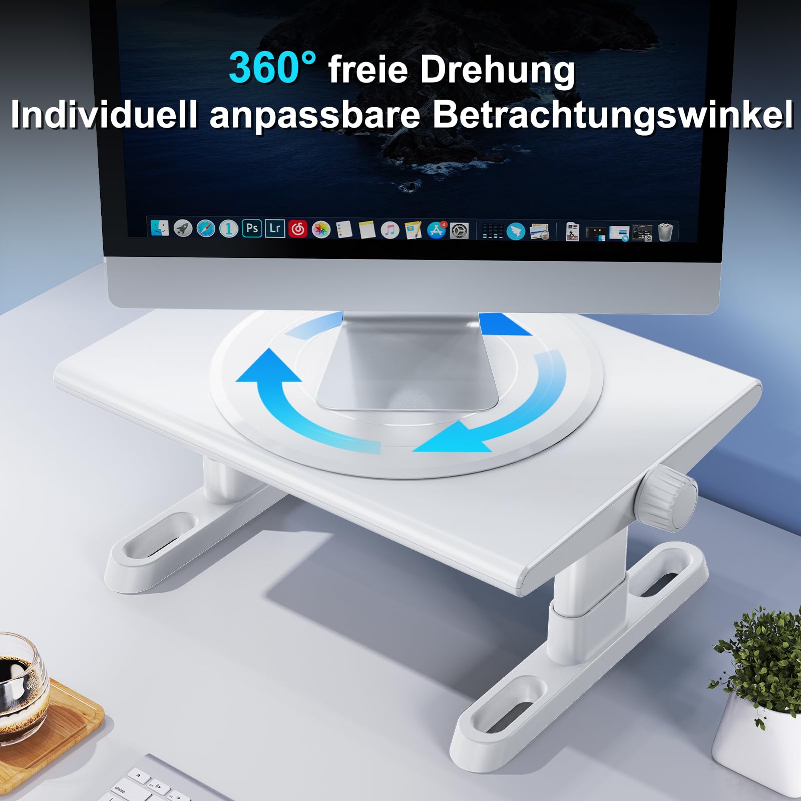 Monitorständer,360° Drehbar HöHenverstellbar Monitor Erhöhung Schreibtisch Erhöhung Monitor Stand Riser,Ergonomisch Desktop Bildschirmerhöhung Ständer für Computer,Laptops,PC,TV (Weiß)