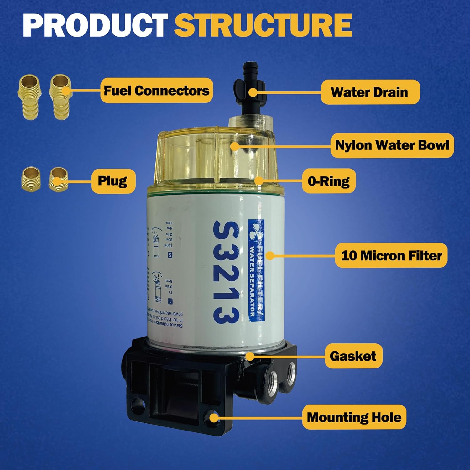 S3213 Fuel Filter Water Separator Replacement for Marine Outboard Motor Mercury with 3/8" Barb x 1/4" NPT Fittings Replaces # S3214, 35-60494-1, 18-7932-1, 18-17928, 35-809097.