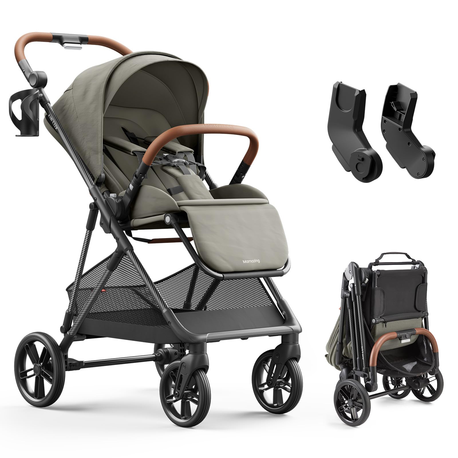 Cochecito de bebé MAMAZING Air Lux con estructura de fibra de carbono, asiento reversible plegable con una mano, arnés magnético de 5 puntos, adaptador para asiento de coche, 15 8 libras, color vetiver