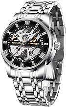 Men's Automatic Skeleton Dial Roman Numerals and Diamond Mechanical Watch with Stainless Steel Strap