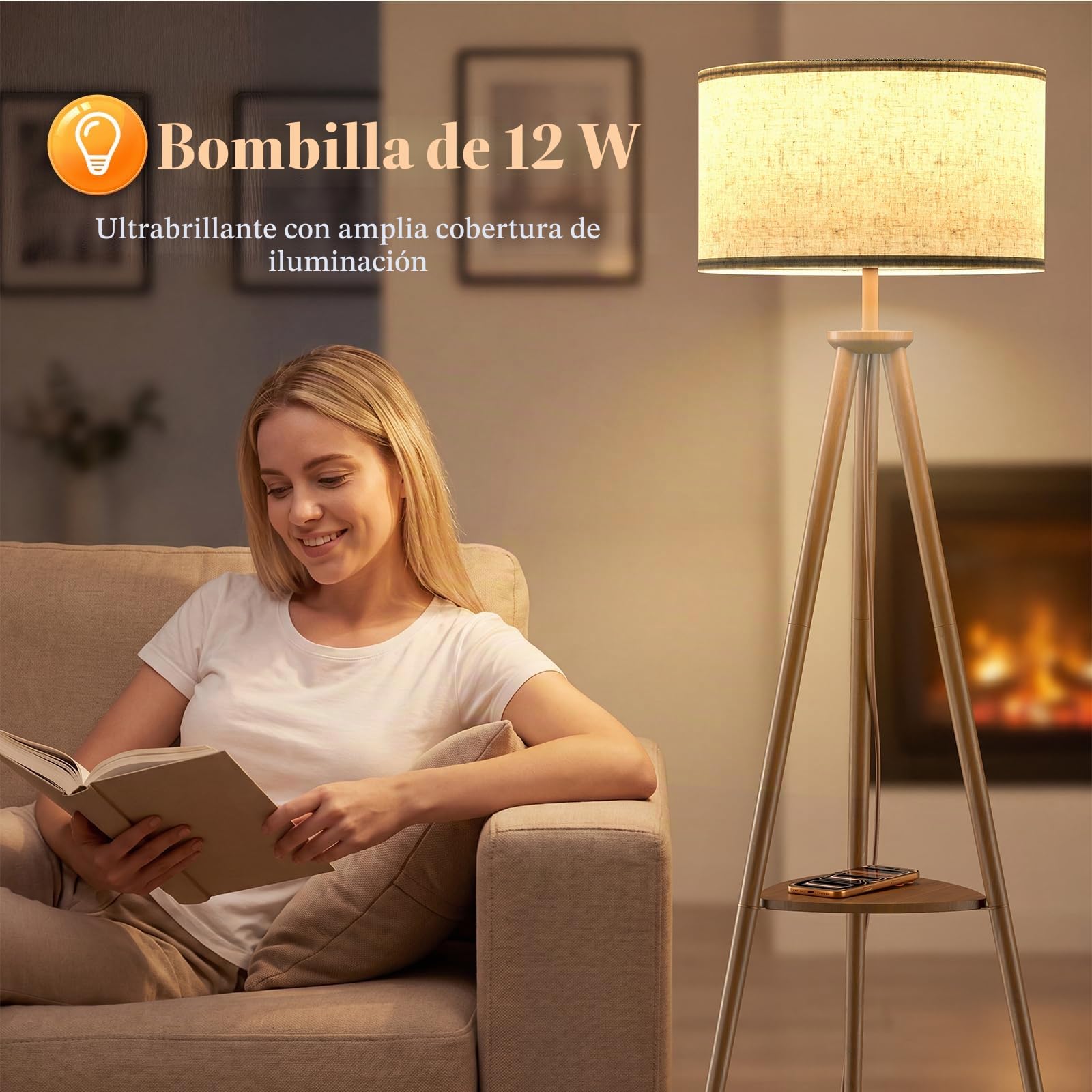 Lámpara de Pie Trípode LED Regulable Con Separadores de Almacenaje - 12W Lampara de Pie Madera con Mando & Bombilla E27, Luz para Leer para Salón, Dormitorio, Marrón Oscuro - Estante Triangular