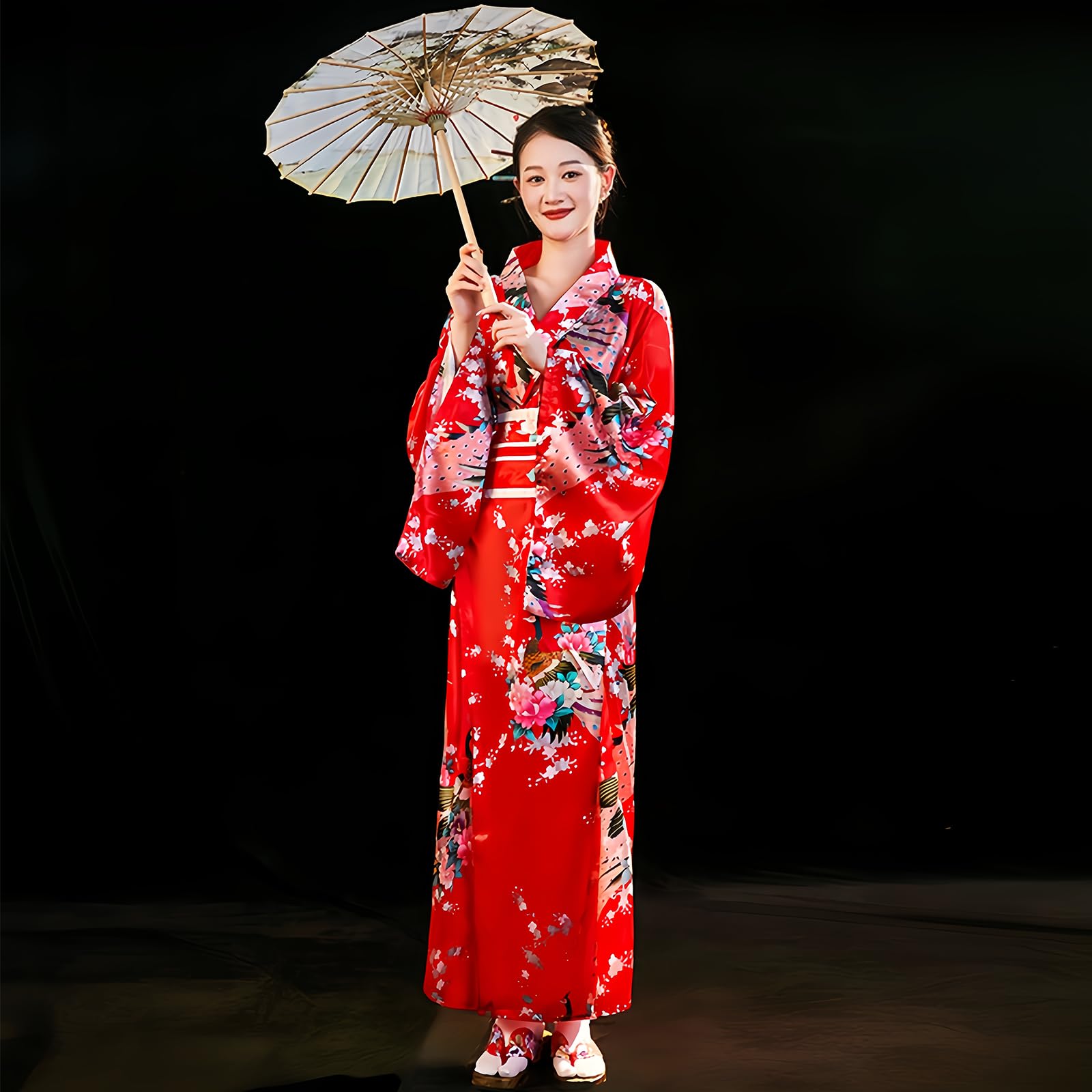 5 Piezas Kimono Set Tradicional Japonés para Mujer, Kimono Largo con Estampado de Pavo y Cinturón para Fotografía y Cosplay
