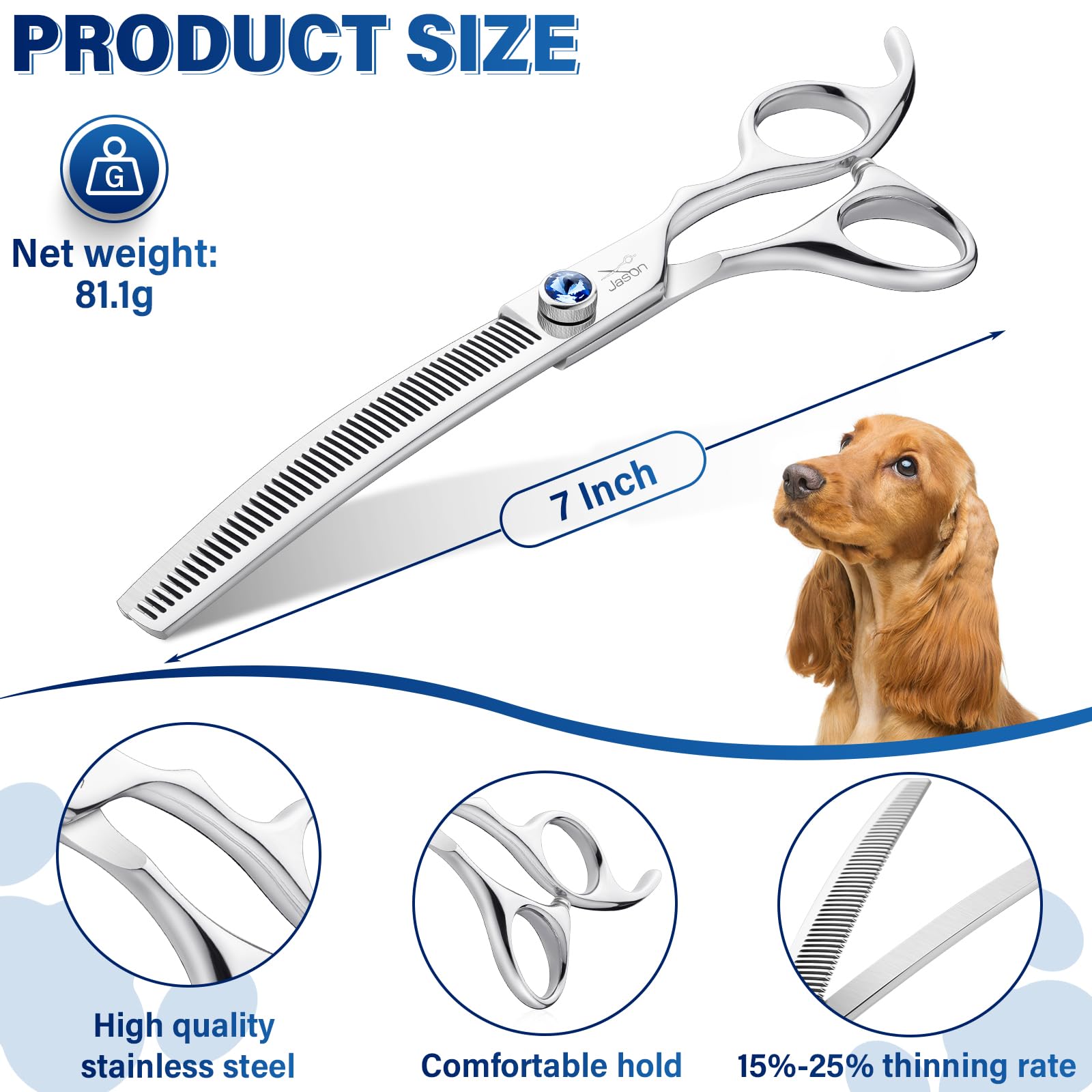 JASON 7” Forbici Sfoltitrici per Cani - Forbici Professionali per Cani, Acciaio Inox Giapponese 440C, Forbici da Toelettatura Professionali per Toelettatura (50 Denti)