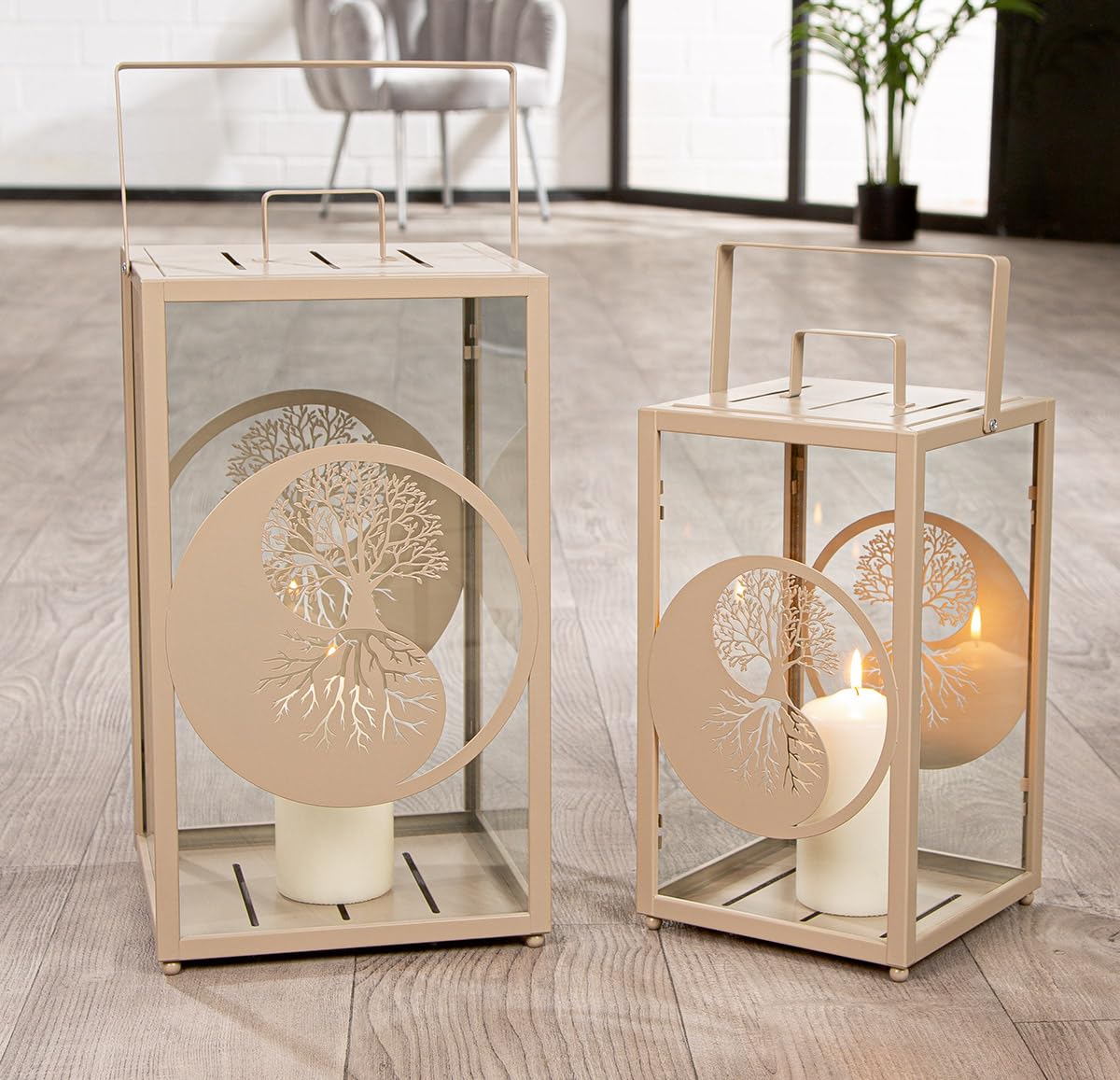 GILDE 2er Set Laterne Balance aus Glas und Metall - Höhe 48cm x Breite 25cm - rechteckig - matt beige - Baummotiv - Yin & Yang