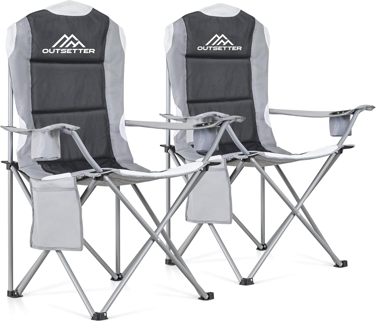 2 Pack Camping Chair,Premium Padded Folding Camping Chair, Outdoor Seats with High Back & Cup Holder & Side Pockets,Waterproof Chair 120kg Weight Capacity for Garden Picnic Beach Directors(Grey)