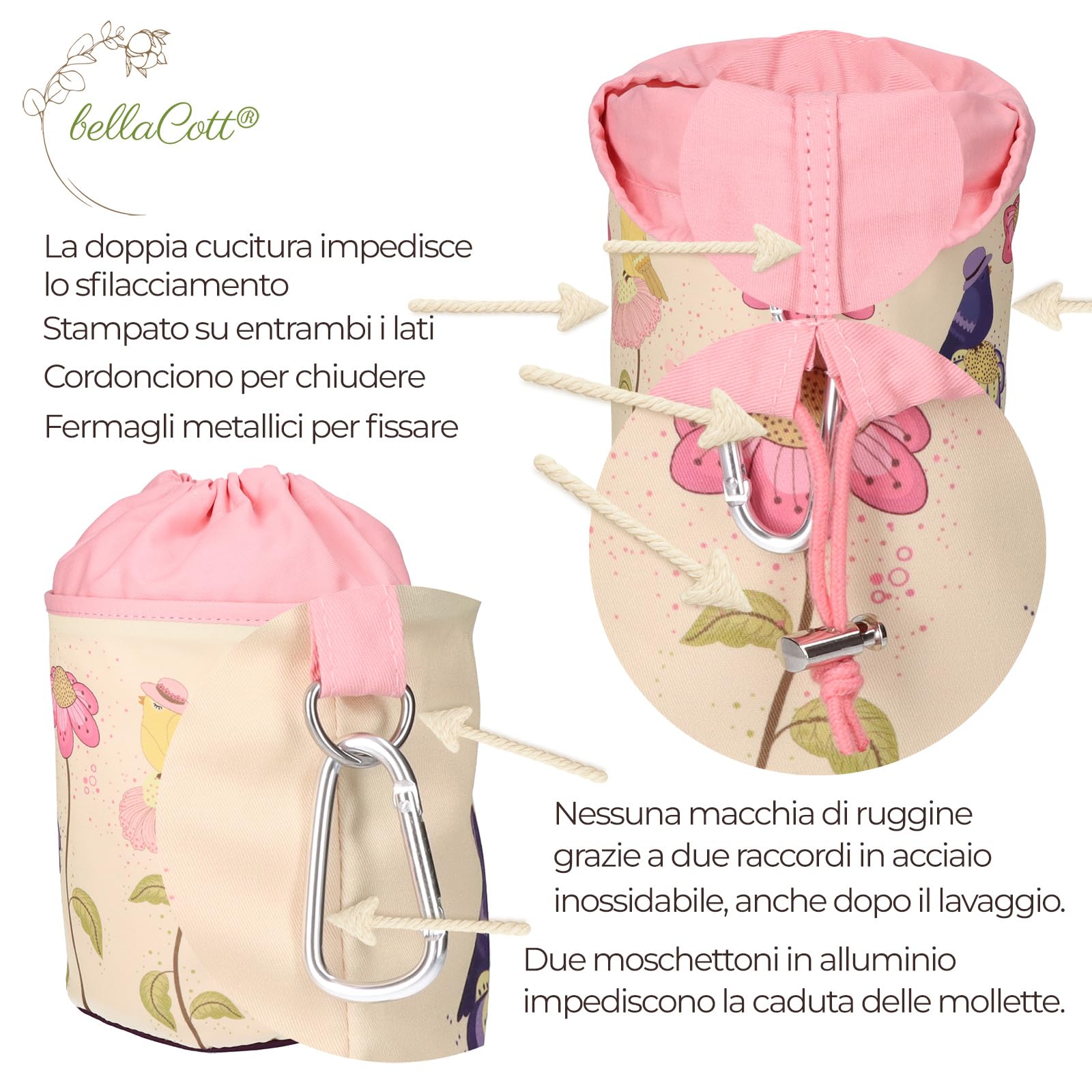 96 mollette colorate Softgrip antiscivolo, extra resistenti, con sacchetto per mollette bellaCott in cotone con motivo a fiori di uccello