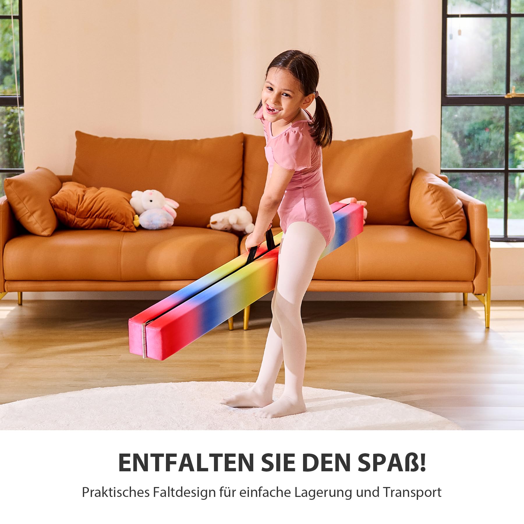 ZELUS 240/270 cm Schwebebalken Kinder für Zuhause Faltbarer Gymnastikbalken aus Eva-Schaum & Holz Balancierbalken mit erhöhten Füßen & Tragegriffen für Fitness, Training, Turnen