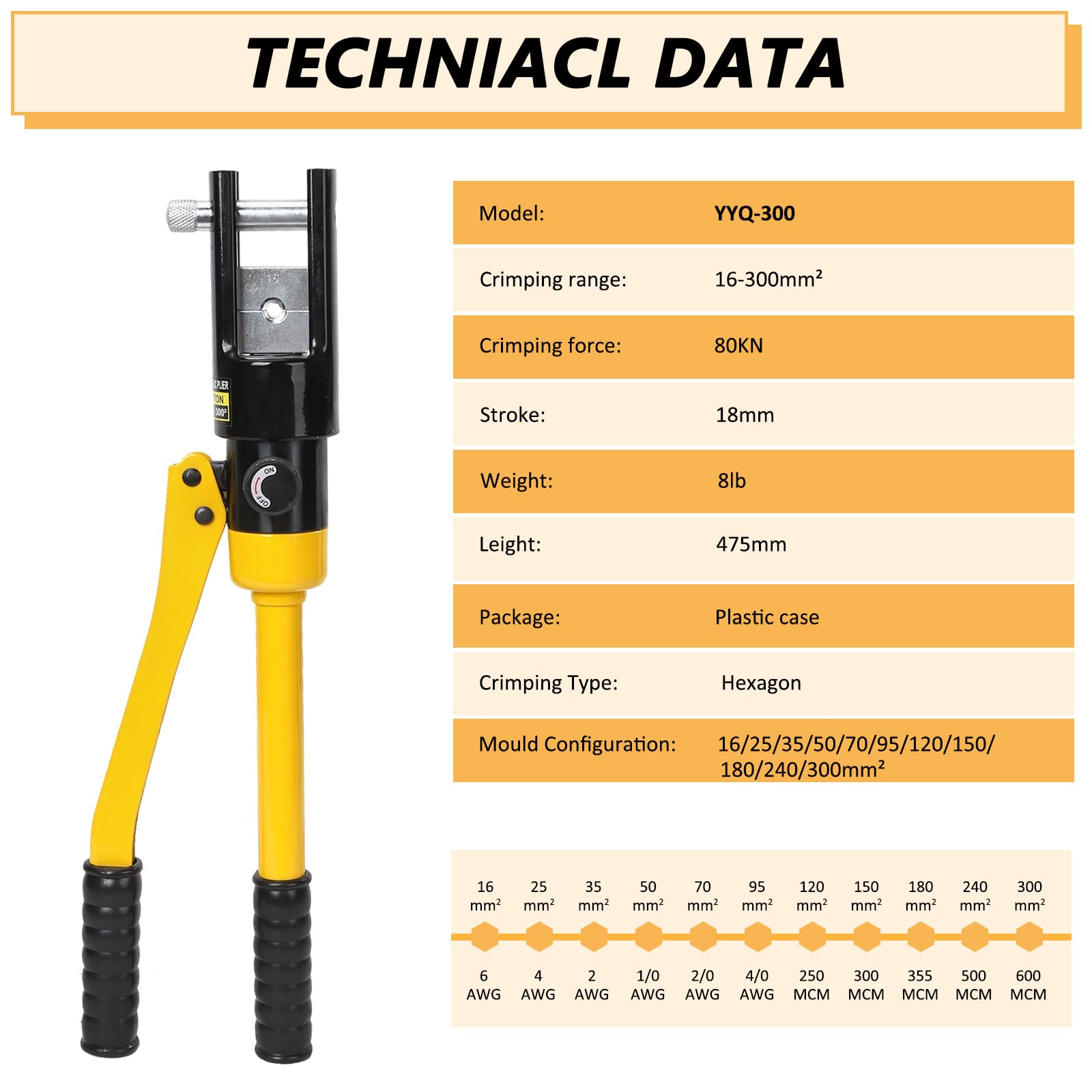 Herramienta de crimpado hidráulico 6AWG-600MCM Herramienta de crimpado de cable de batería con 11 troqueles fácil de operar, kit de herramientas de crimpado de alambre hidráulico para cuerda