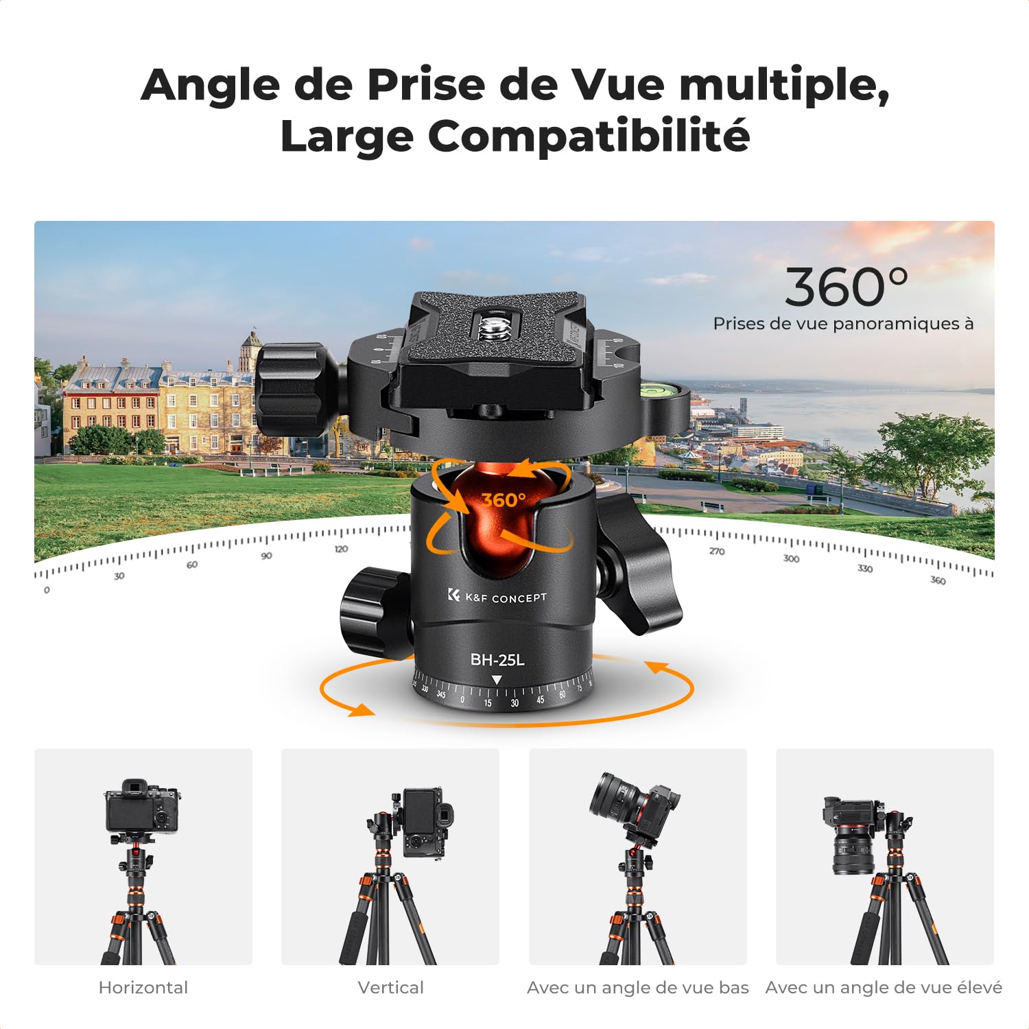 K&F Concept Trepied Carbone Monopode Appareil Photo 153cm, Trépied Professionel Compact A225C0 pour DSLR, Trepied Voyage Leger 5 Sections avec Rotule Metal Sac Transport Inclus Max:8kg