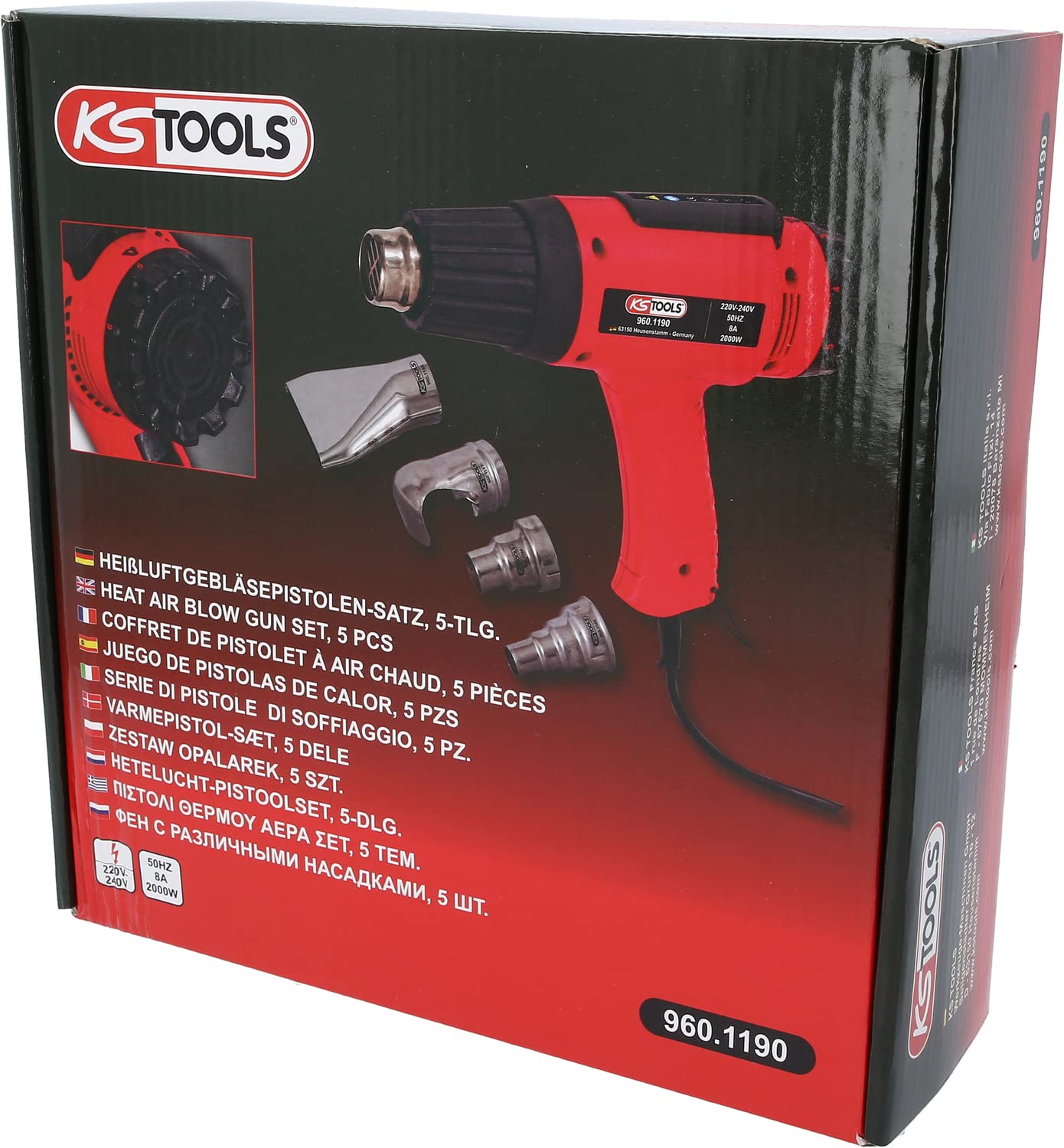 KS TOOLS 960.1190 - Décapeur Thermique 2000W - Pistolet Thermique à Air Chaud - 2 Positions - Réglage de Température par Molette sur 6 Plages entre 50° à 650° - 4 Buses - Couleur Rouge