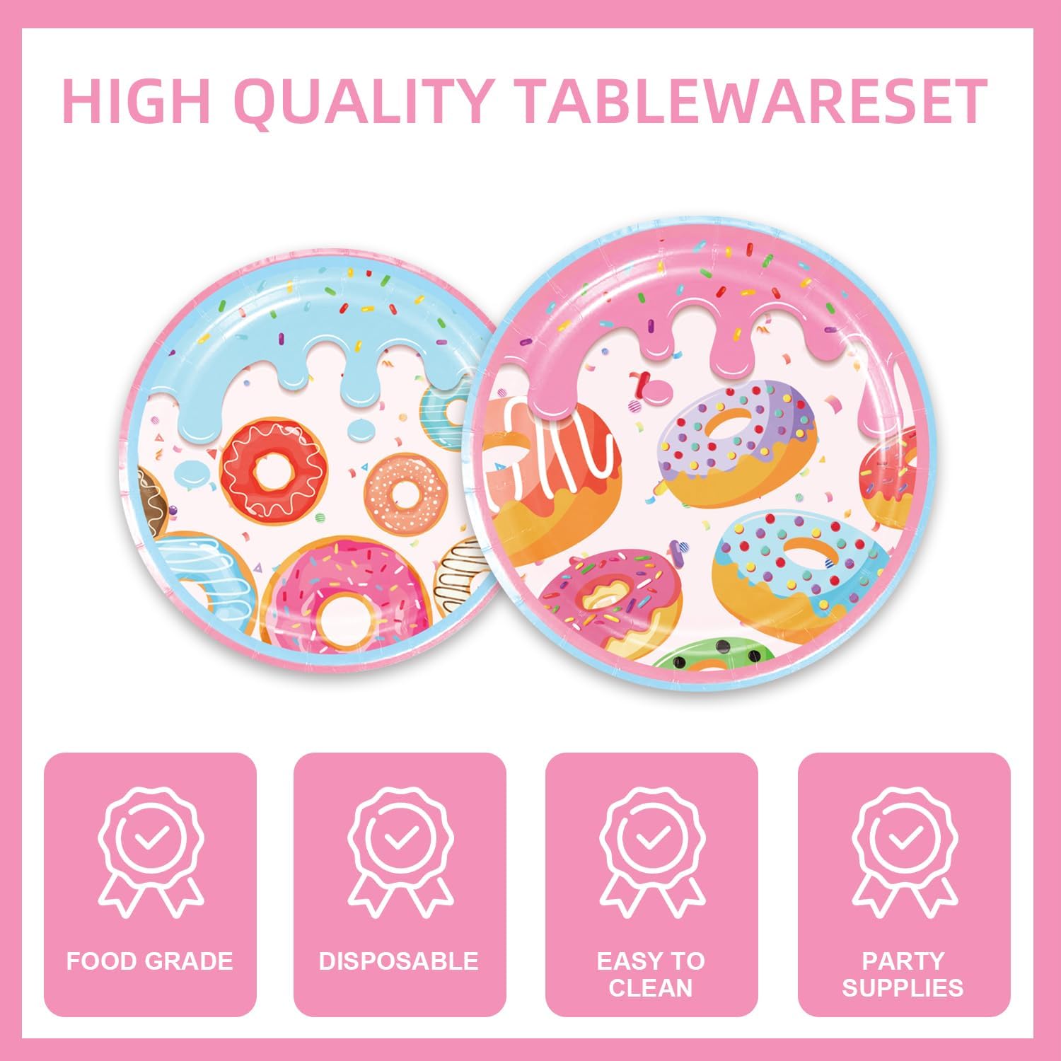 141pcs Donut Birthday Party Supplies, Includes Dinner Plate Dessert Plate Paper Napkin Cup Knife Fork Paper Straw Tablecloth Baby Shower Candyland Birthday Decorations set - Image 3