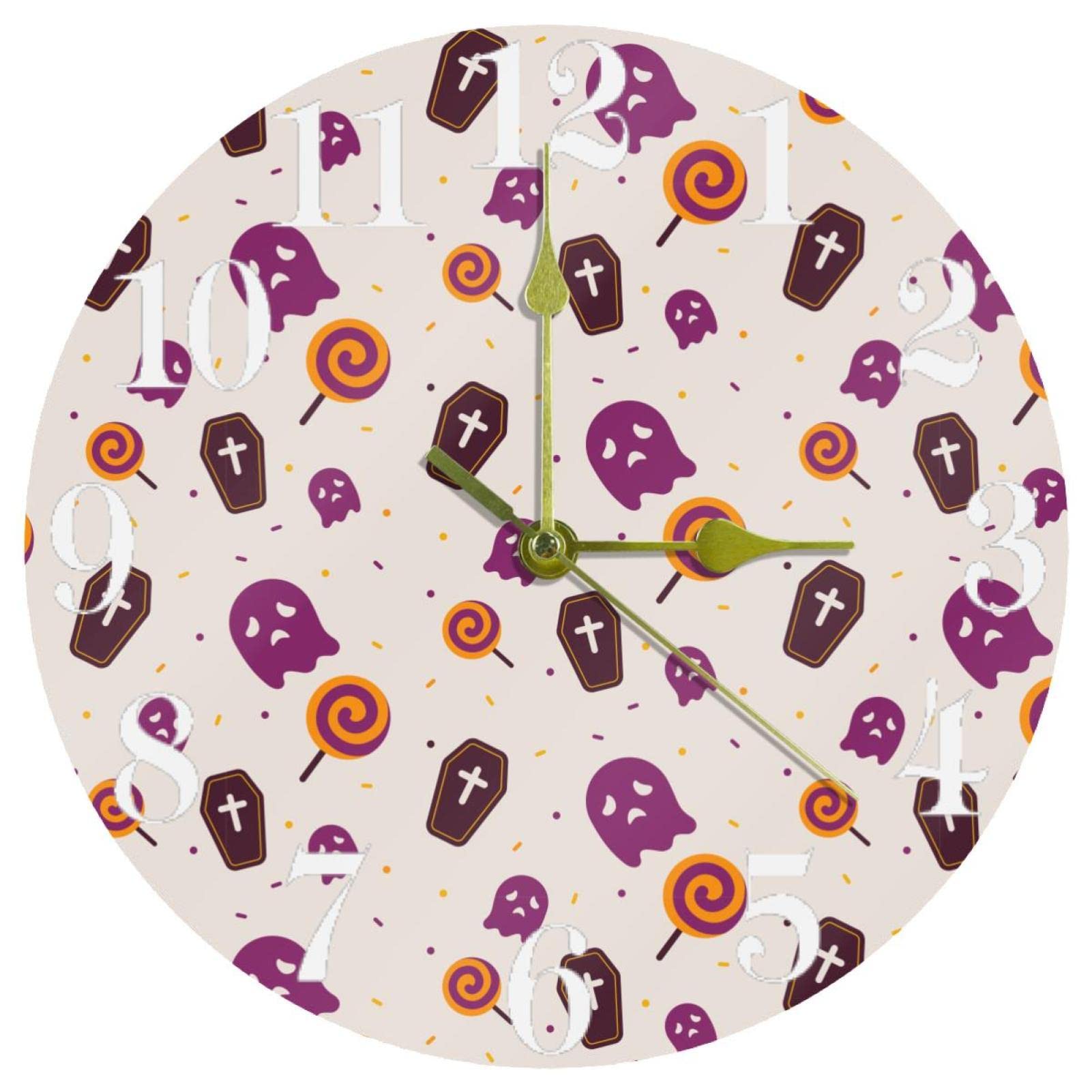 Horloge murale fantôme Halloween ronde et silencieuse fonctionne à piles