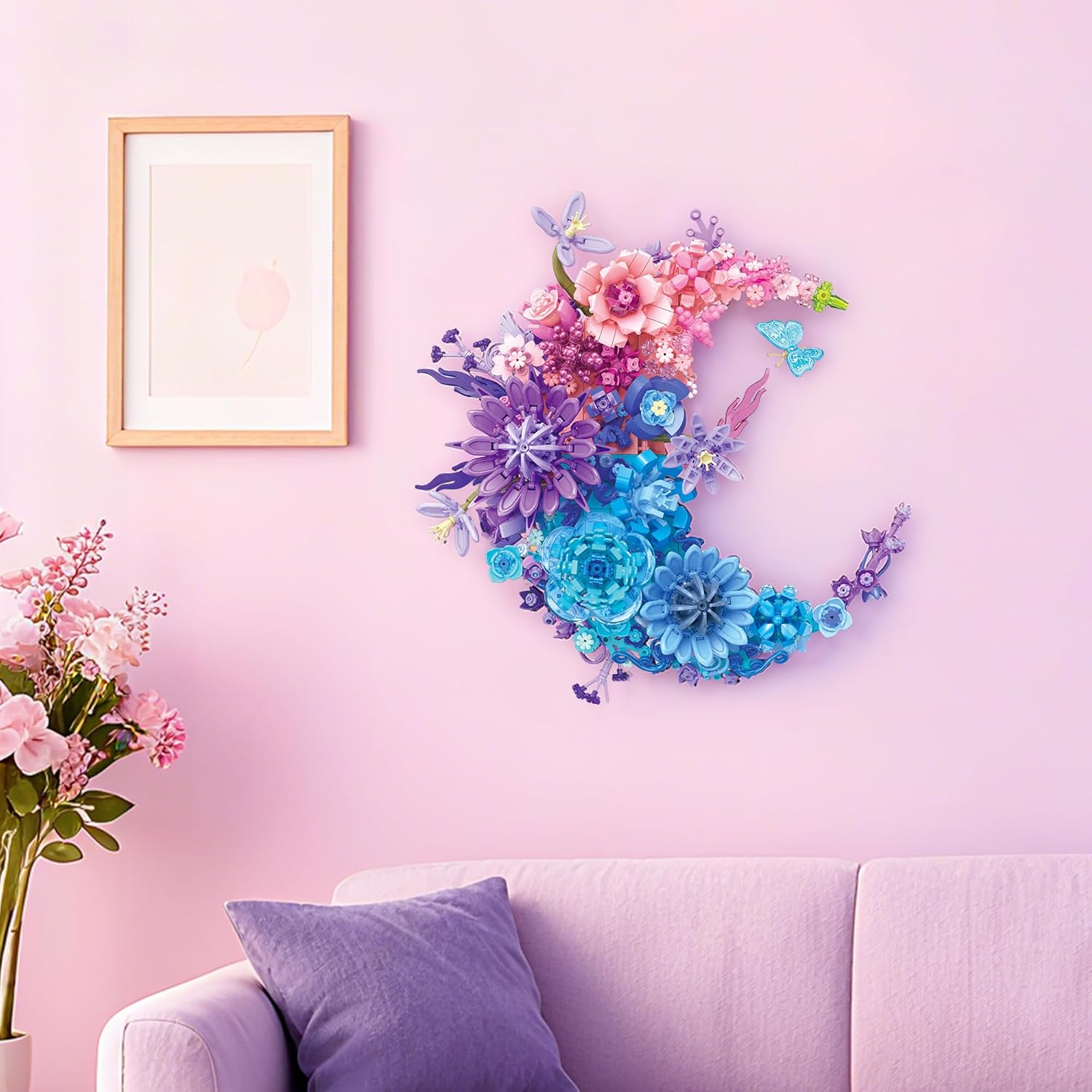 Moon Flower Building Set, 977 PCS Artificial Botanical Collection (Rose Peony Camellia), Crescent-Shaped Wall Art or Desk Decor for Home Office, Birthday Mothday's Day Gifts for Women Adult