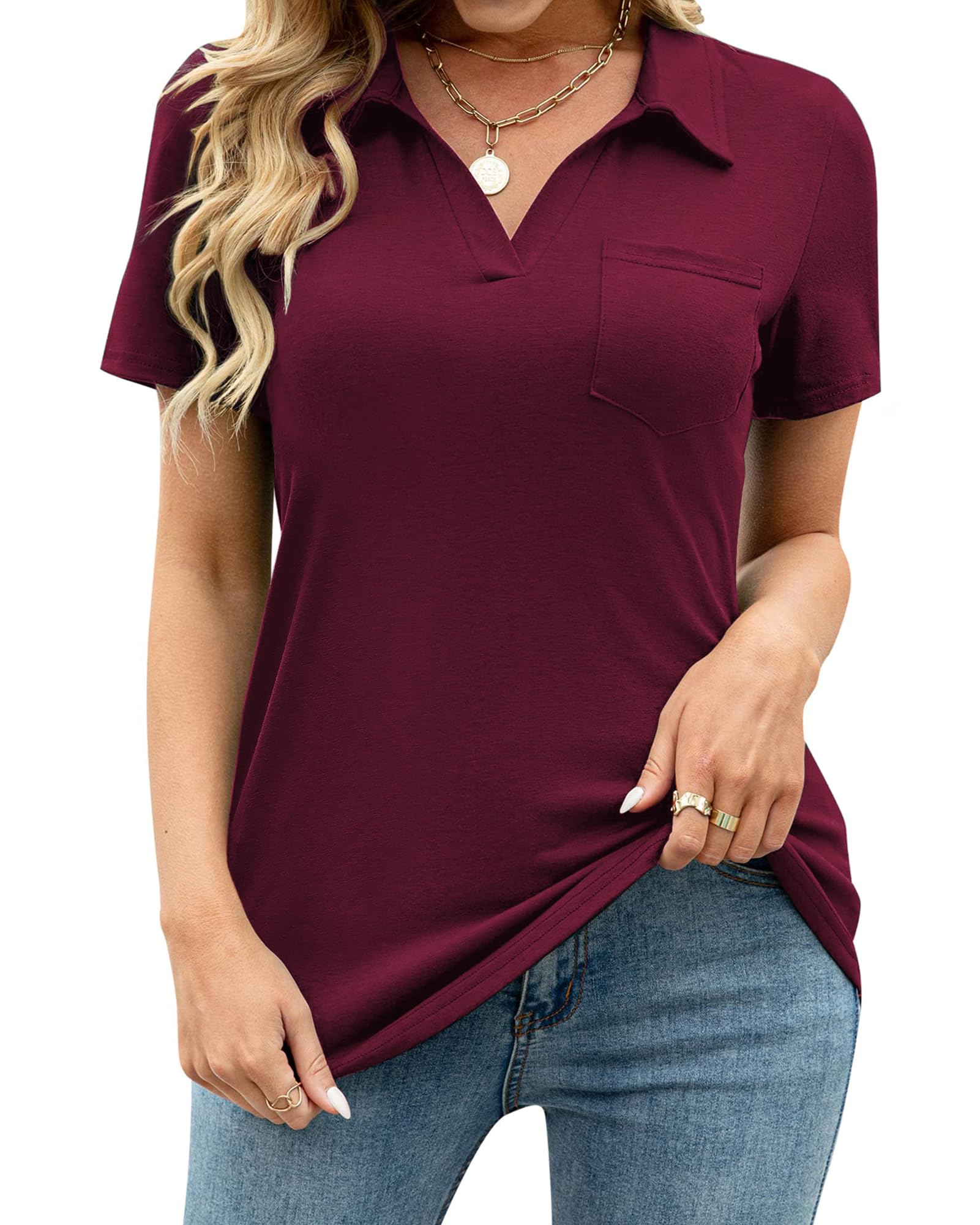 Tanmolo Damen Bluse Elegant V-Ausschnitt Polo T-Shirt Kurzarm Baumwolle Poloshirt Freizeitshirt Damen-Oberteile