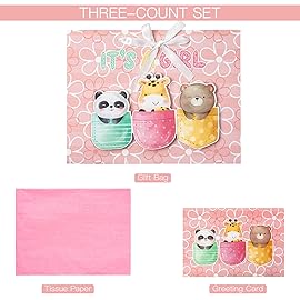 Loveinside Baby Girl Gift Bag Pink Animal Design with Tissue Paper and Greeting Card for Baby Shower, New Parents, and More - 13 x 10 x 5, 1 Pcs