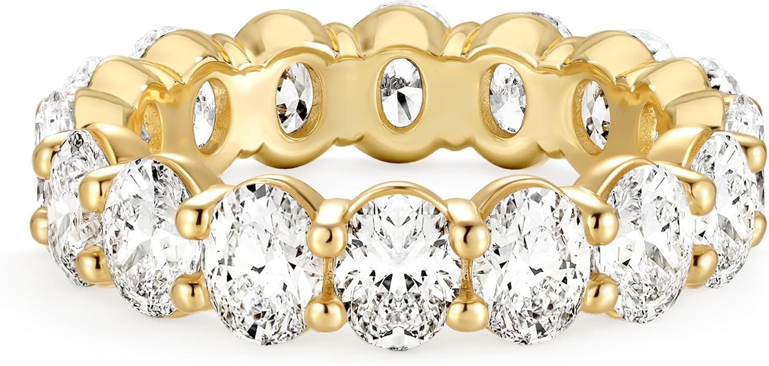 ASHINE 14K Gold Plated Rings | Oval Cut Cubic Zirconia Eternity Band Ring for Women | 5.3mm Stackable Ring for Daily & Engagement