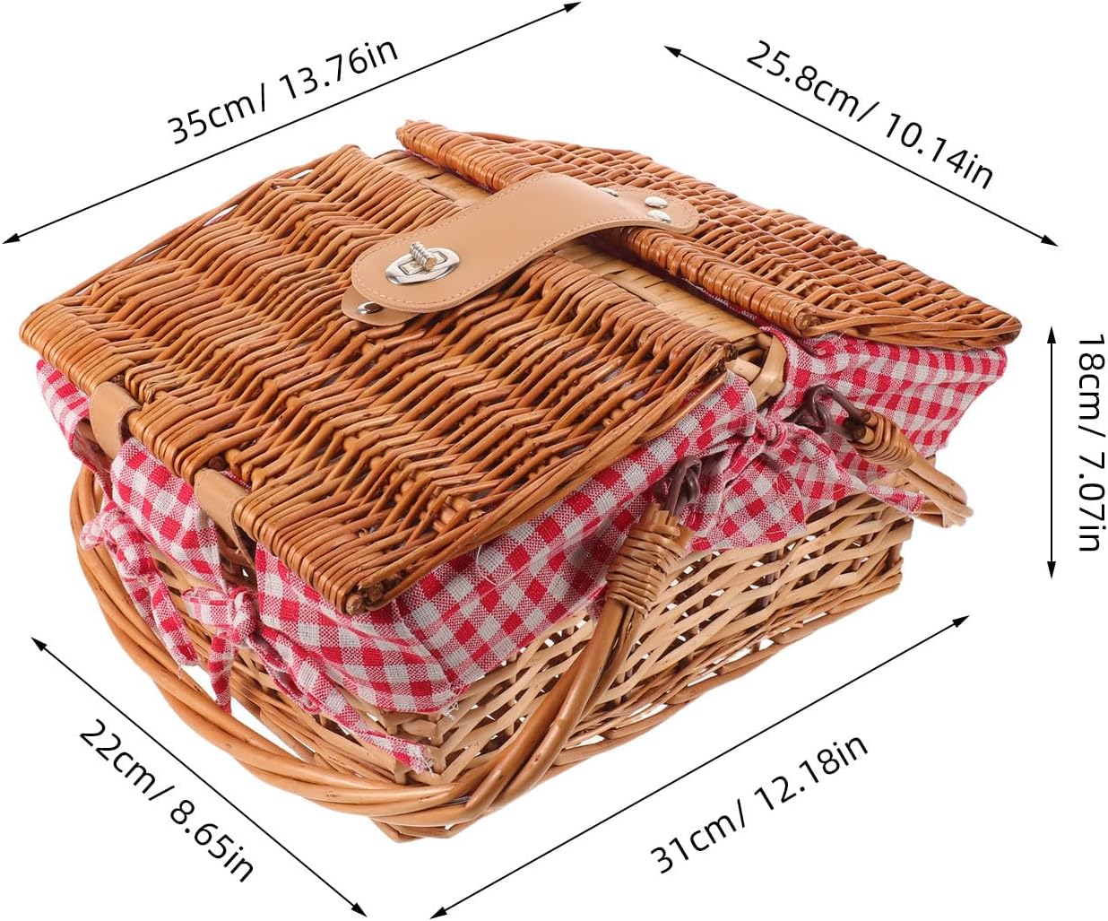 COLLBATH Willow Woven Picnic Basket with Cover - Small Handheld Rustic Basket for Outdoor Picnics, Weddings, Or Camping - Removable Liner and Lid Red