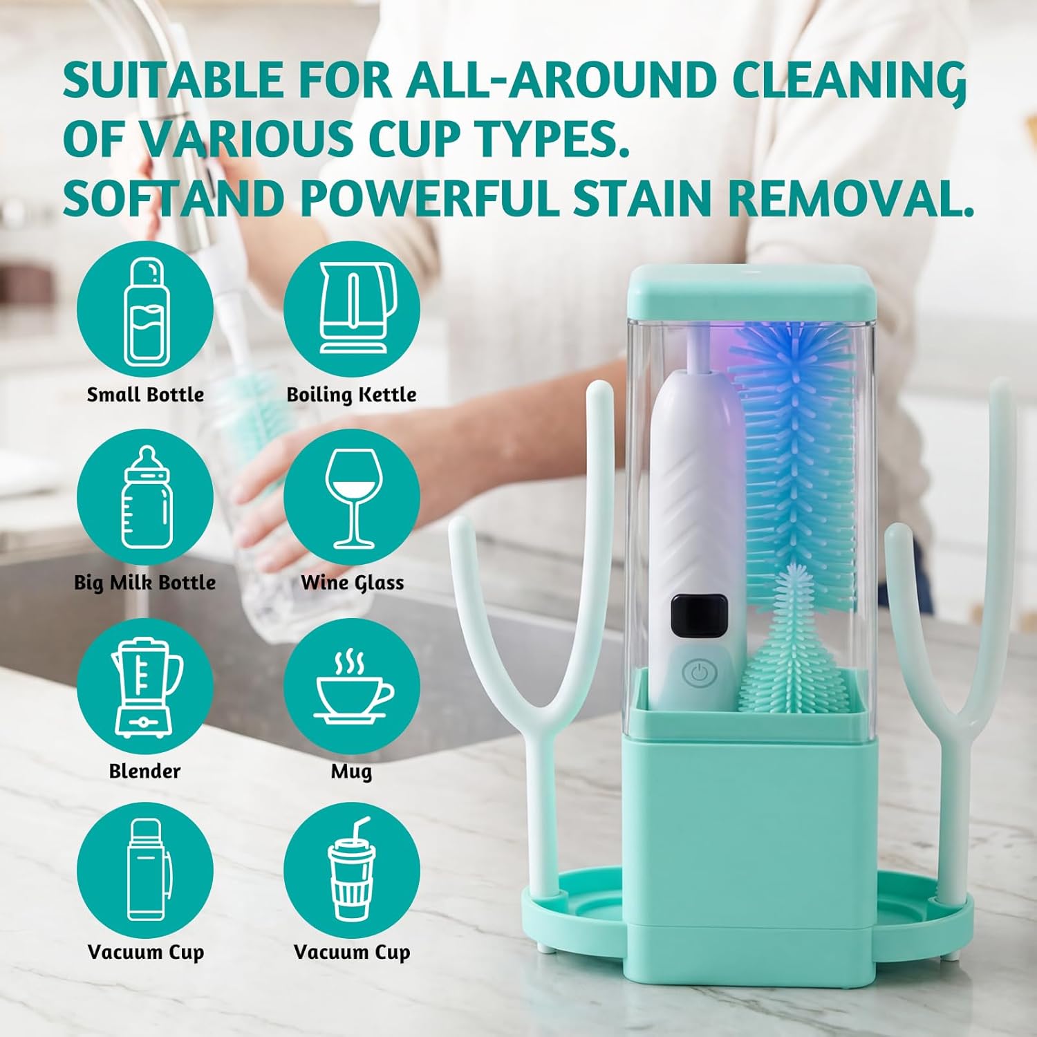 Electric Bottle Brush Cleaner with Drying Rack & LED Display, Rechargeable Baby Bottle Cleaning Kit, 360° Automatic Bottle Washer for Travel & Home, Silicone Spin Brush Set for New Parents, Green