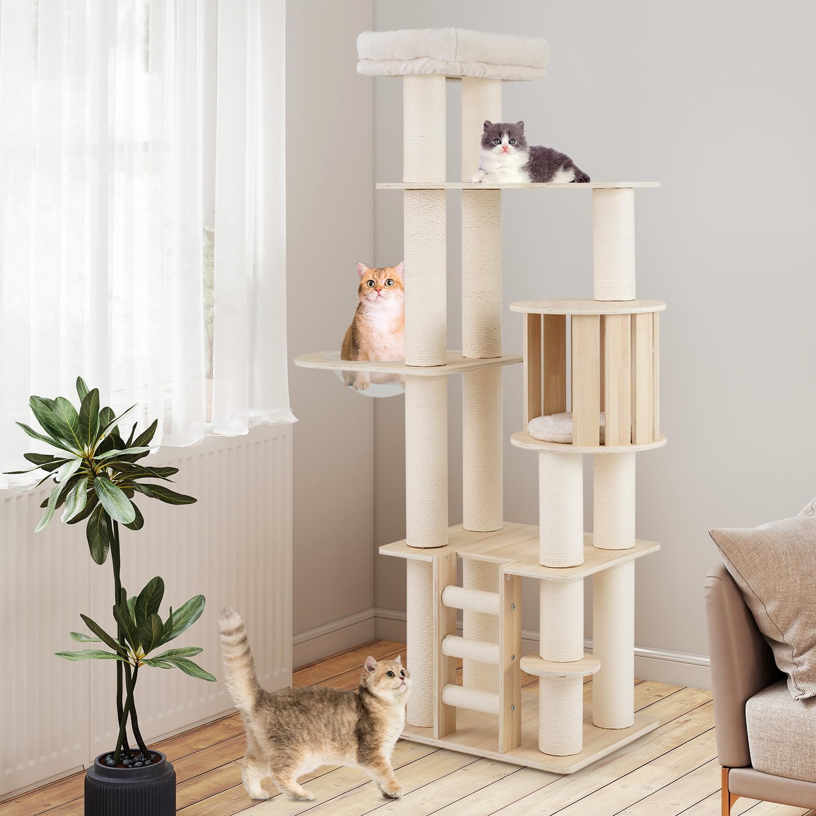 COSTWAY 185 CM Árbol Rascador para Gatos de Madera, Torre Rascador Multinivel para Gatitos Sólida con Condominio, Percha, Postes Rascadores, Escalera, Castillo Gatos de Múltiples Niveles, Natural