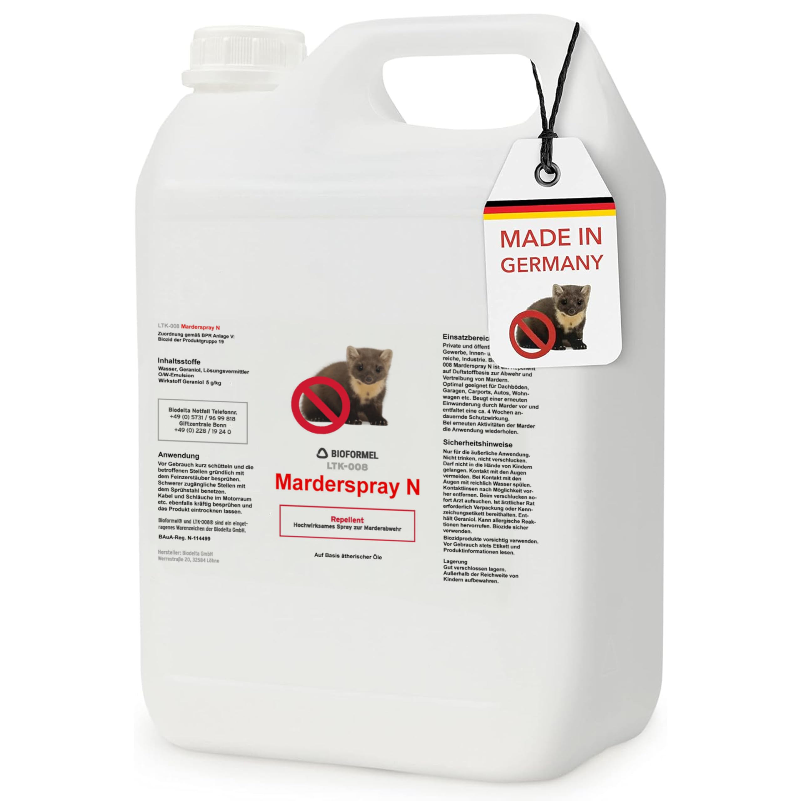 BIODELTA LTK-008 Anti Marder Spray 5 L - Marderschreck - Marderabwehr mit Langzeitwirkung - Marderschutz - Vertreibt Marder ohne zu schaden - Blumenduft- fleckenfrei