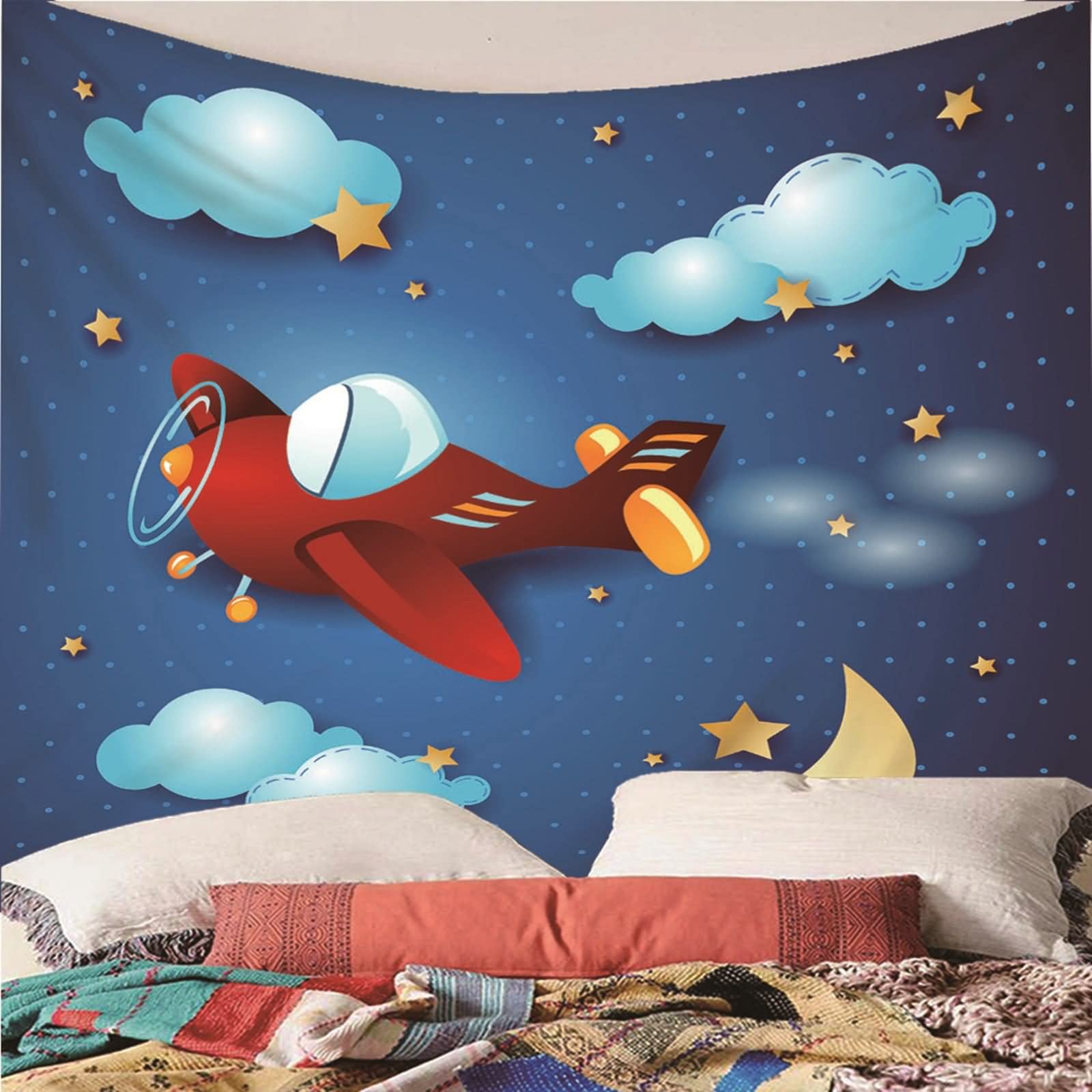 Tapices Navideños, Decoración para Pared Estrellas Lunares y Avión Poliéster Rojo Azul 150x130CM