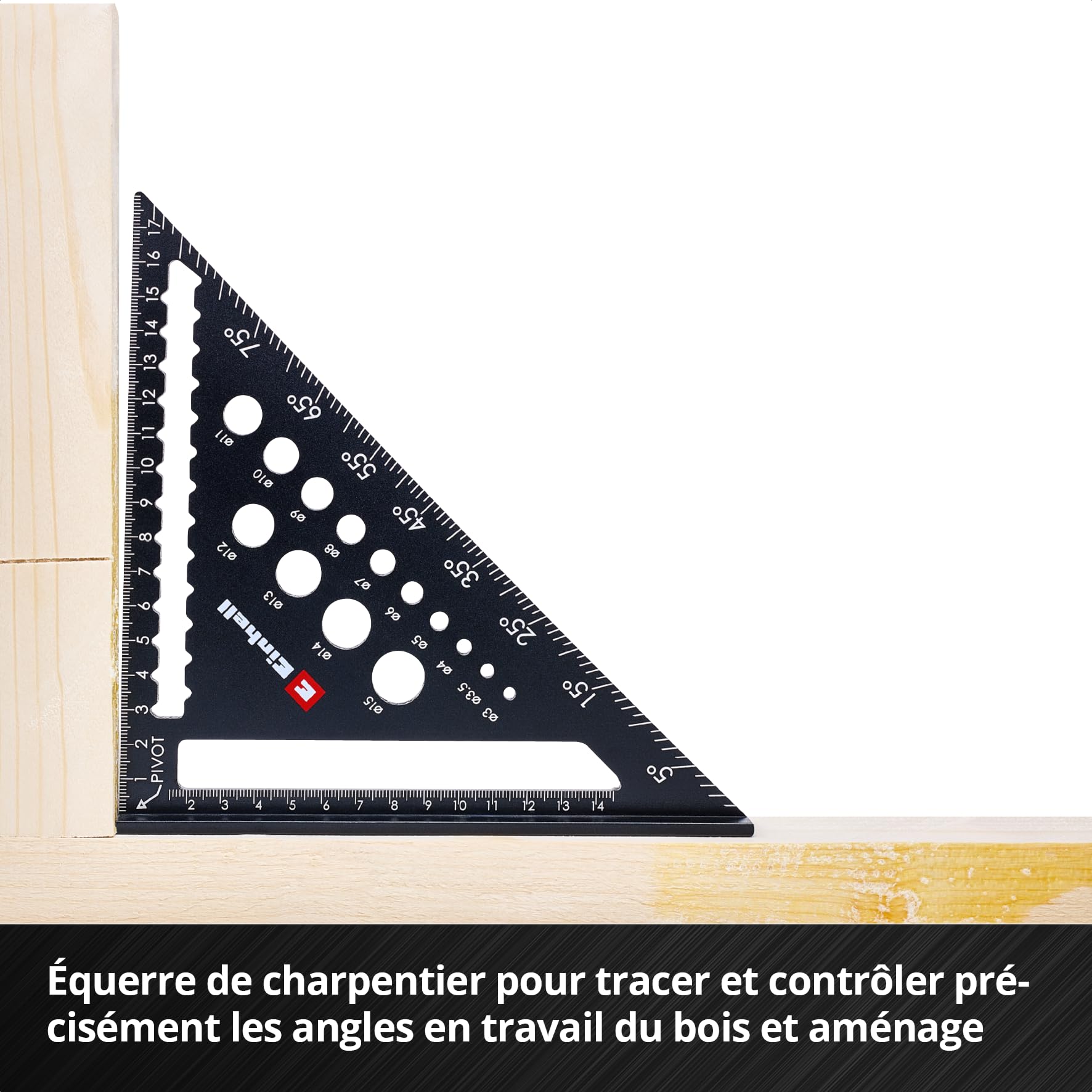 Einhell 2 pièces jeu d’équerres de charpentier, 185/300 mm | Graduations en mm et en degrés | ouvertures de traçage | gabarit de perçage | tableau de conversion pour chevrons | marqueur