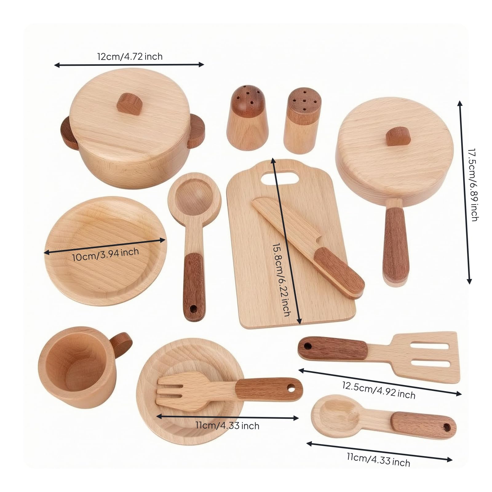 Gralara 15 Pieces Accessori Cucina Giocattolo Bordi Arrotondati Set Picnic in Legno Venatura Chiara