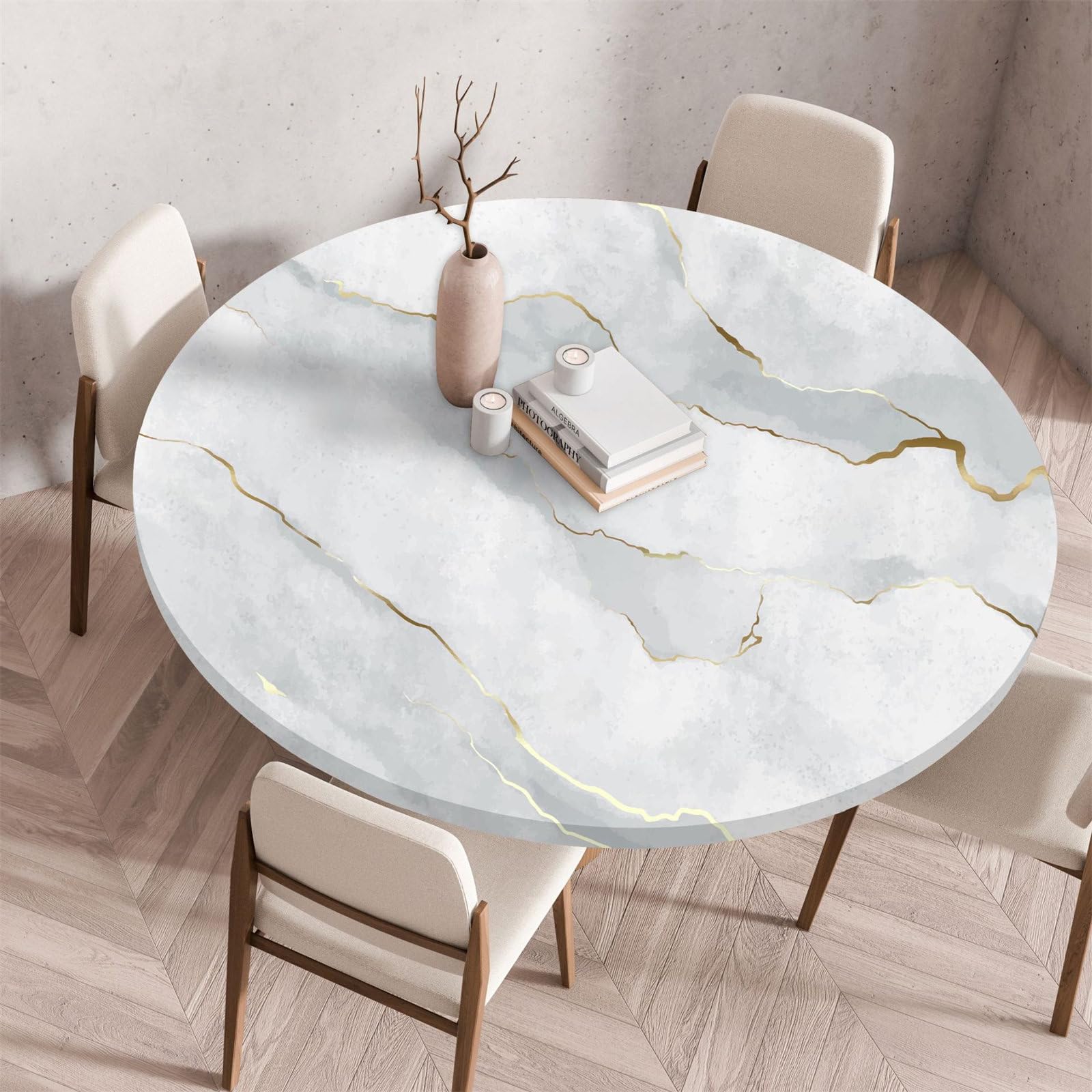 Treer Round Tablecloth Protector, Cream Marble Wipeable Round Table Cloth, Elastic Edged Fitted Backed Table Cover, Washable for Dinning Room Kitchen Picnic Party (60CM, Gray)